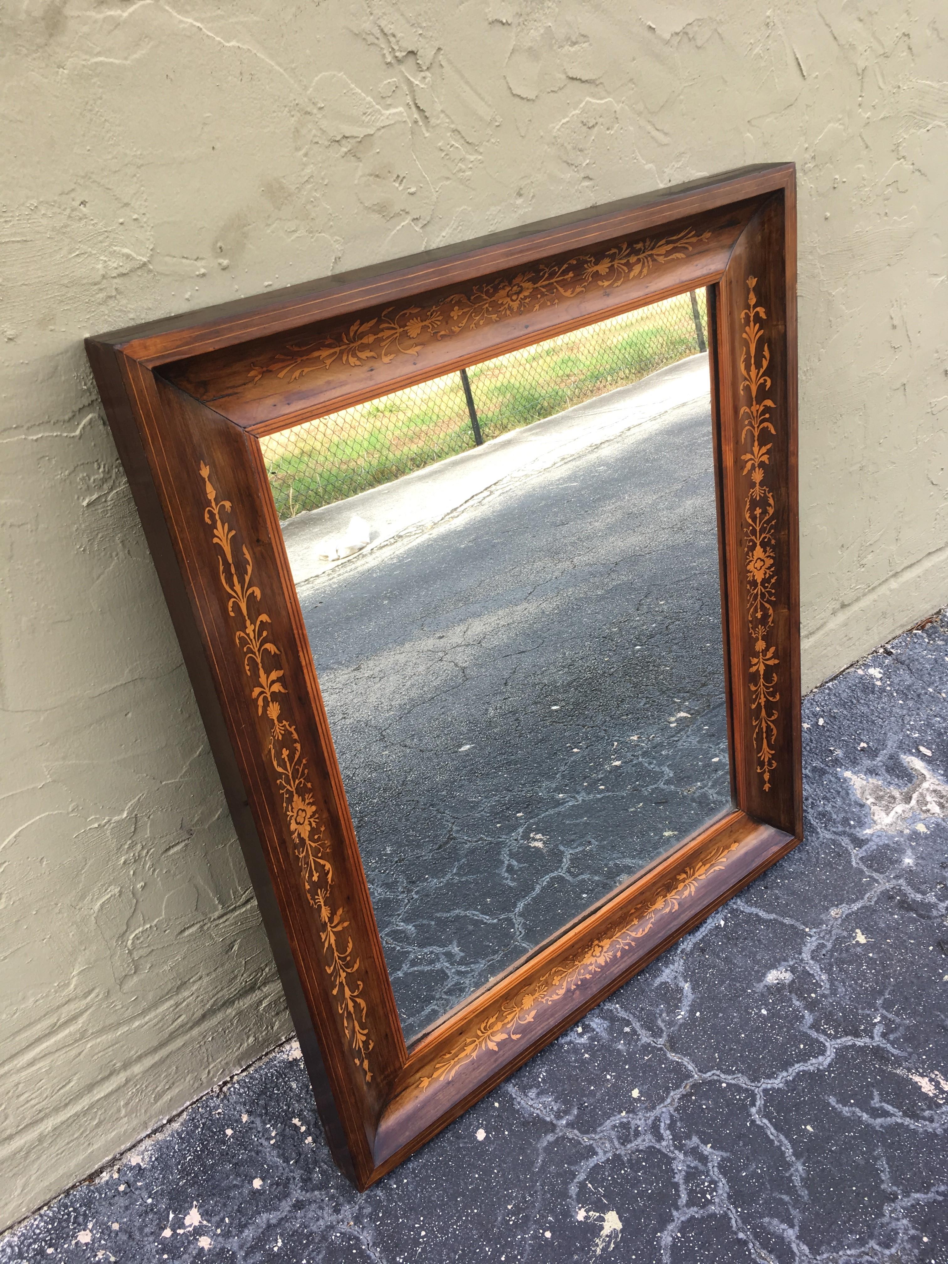 19th Century 19th Antique Marquetry Inlaid Mahogany Mirror