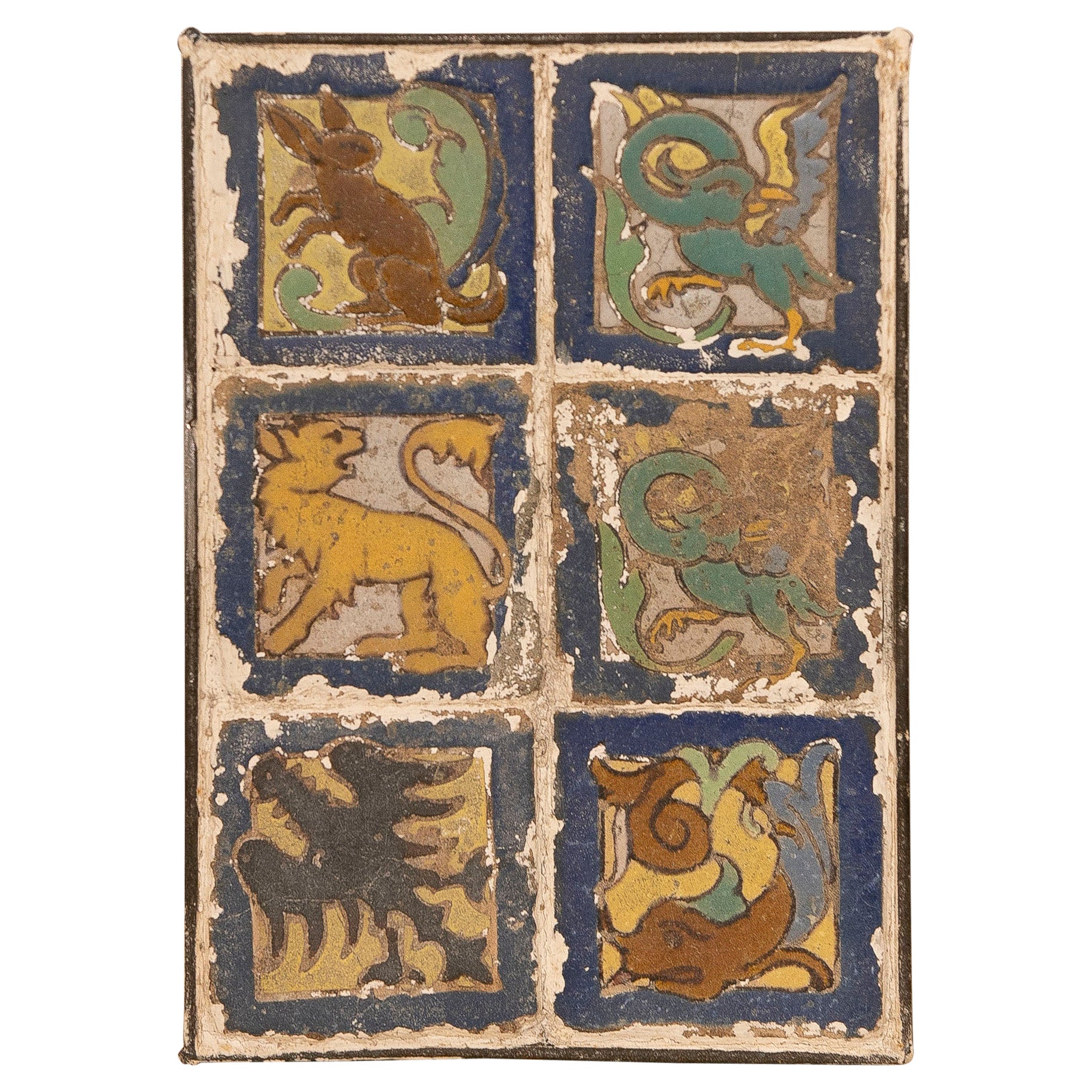 19th Antique Panel of Polychrome Tiles with Fantastic Animal Motifs