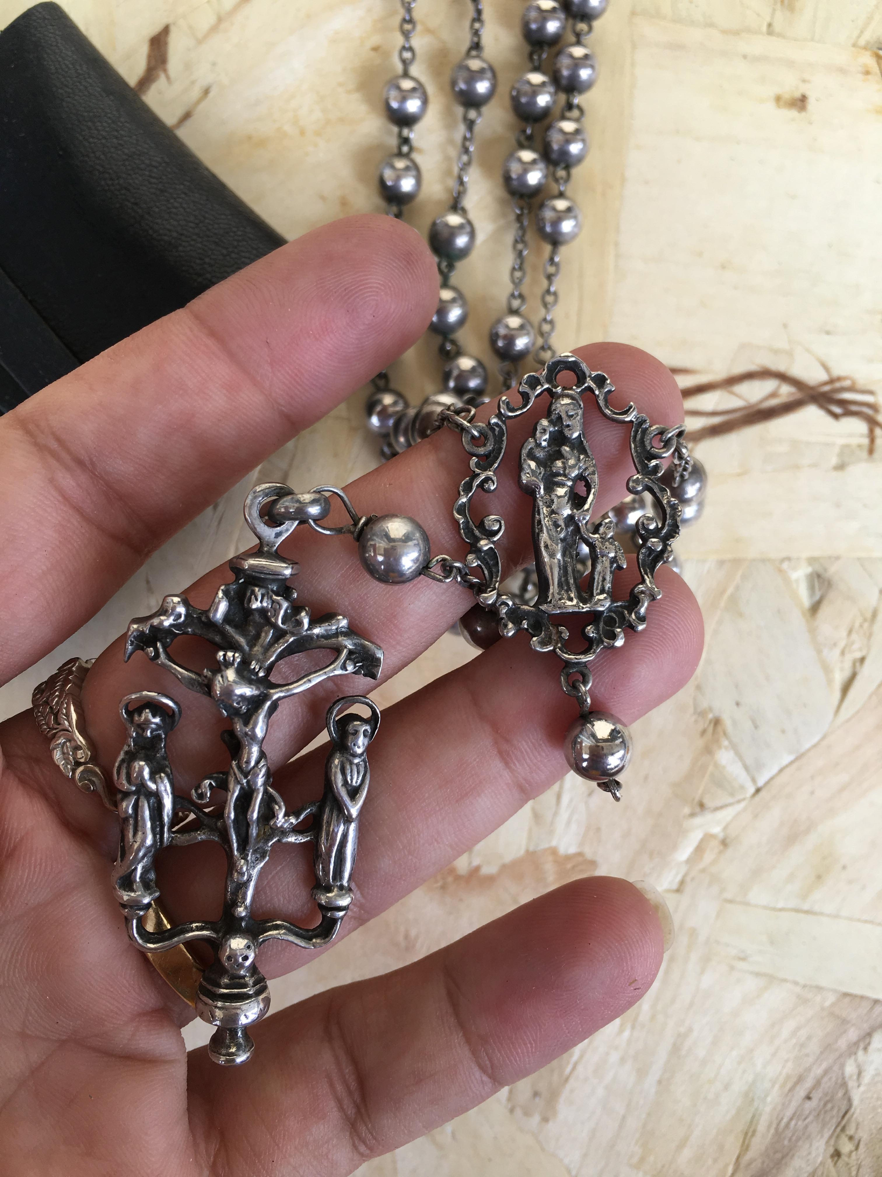 Neoclassical 19th Antique Silver Rosary with Two Religious Scenes
