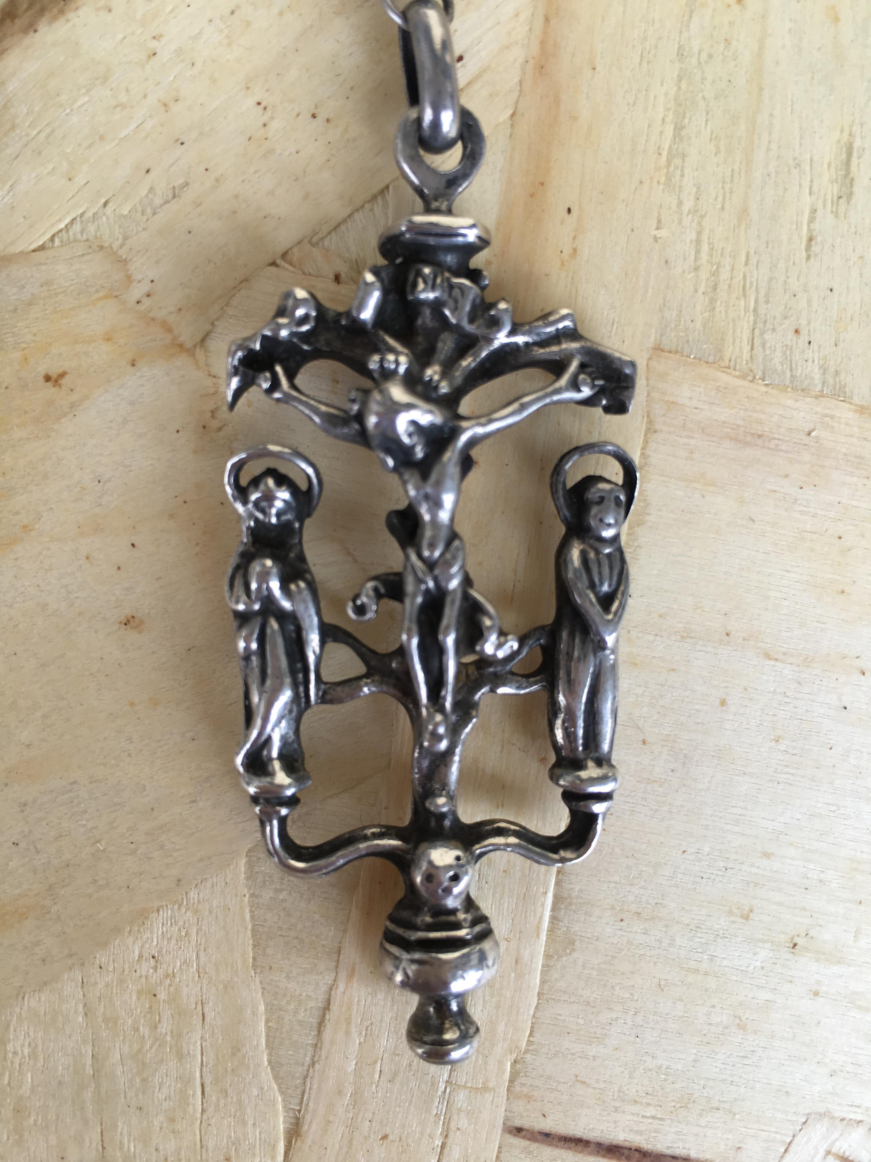 Italian 19th Antique Silver Rosary with Two Religious Scenes