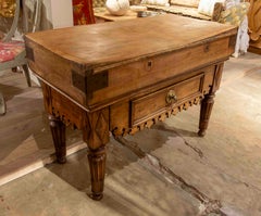 19th Antique Solid Wood Butcher's Table with Central Drawer