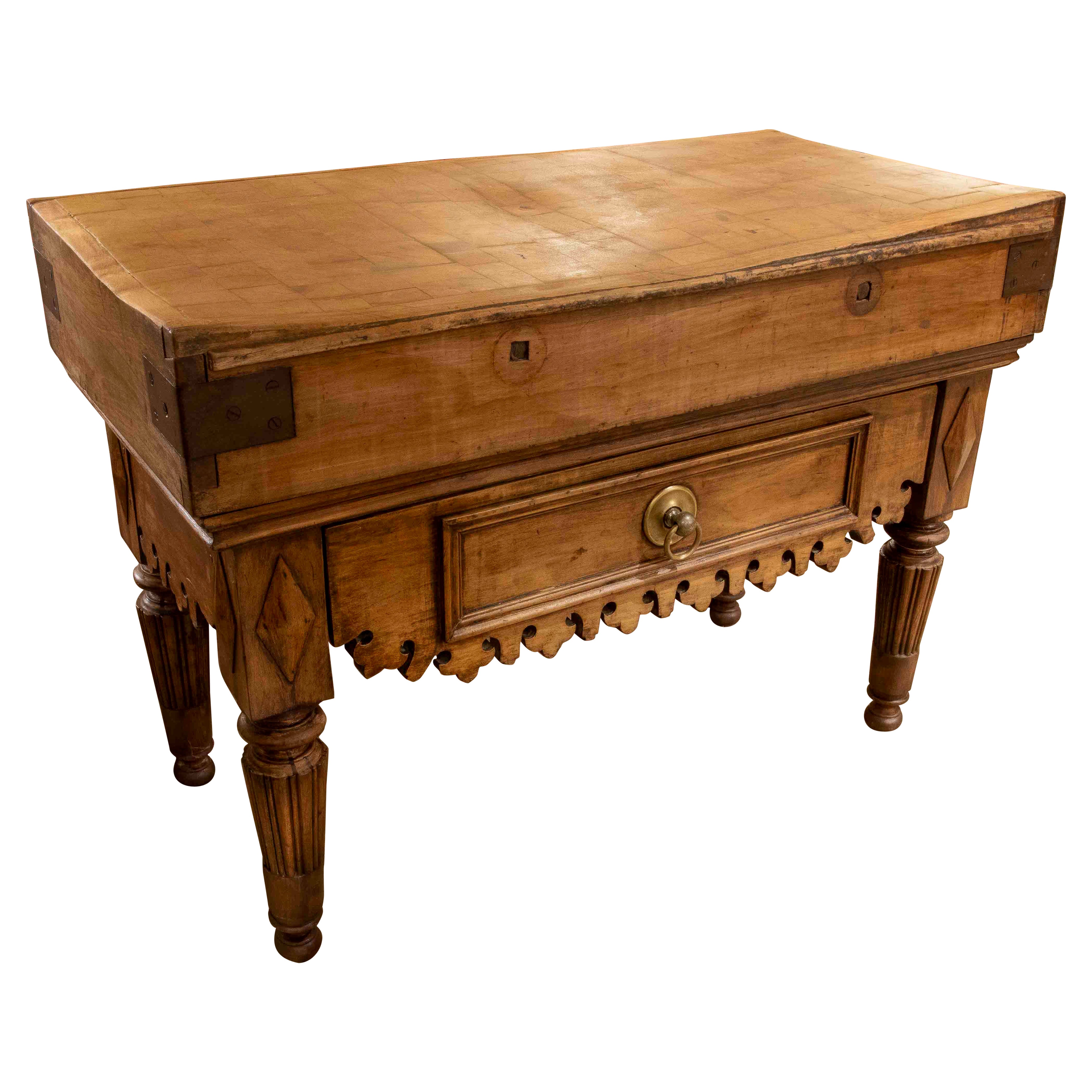 19th Antique Solid Wood Butcher
s Table with Central Drawer For Sale