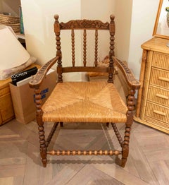 19th Antique Spanish Armchair of Carved Wood with Rush Seat
