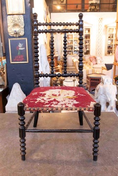 19th Antique Spanish Ebonized Chair with Turning and Original Upholstery