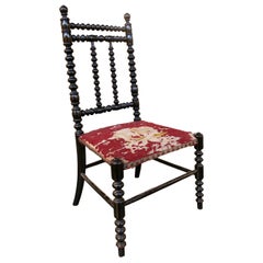 19th Antique Spanish Ebonized Chair with Turning and Original Upholstery