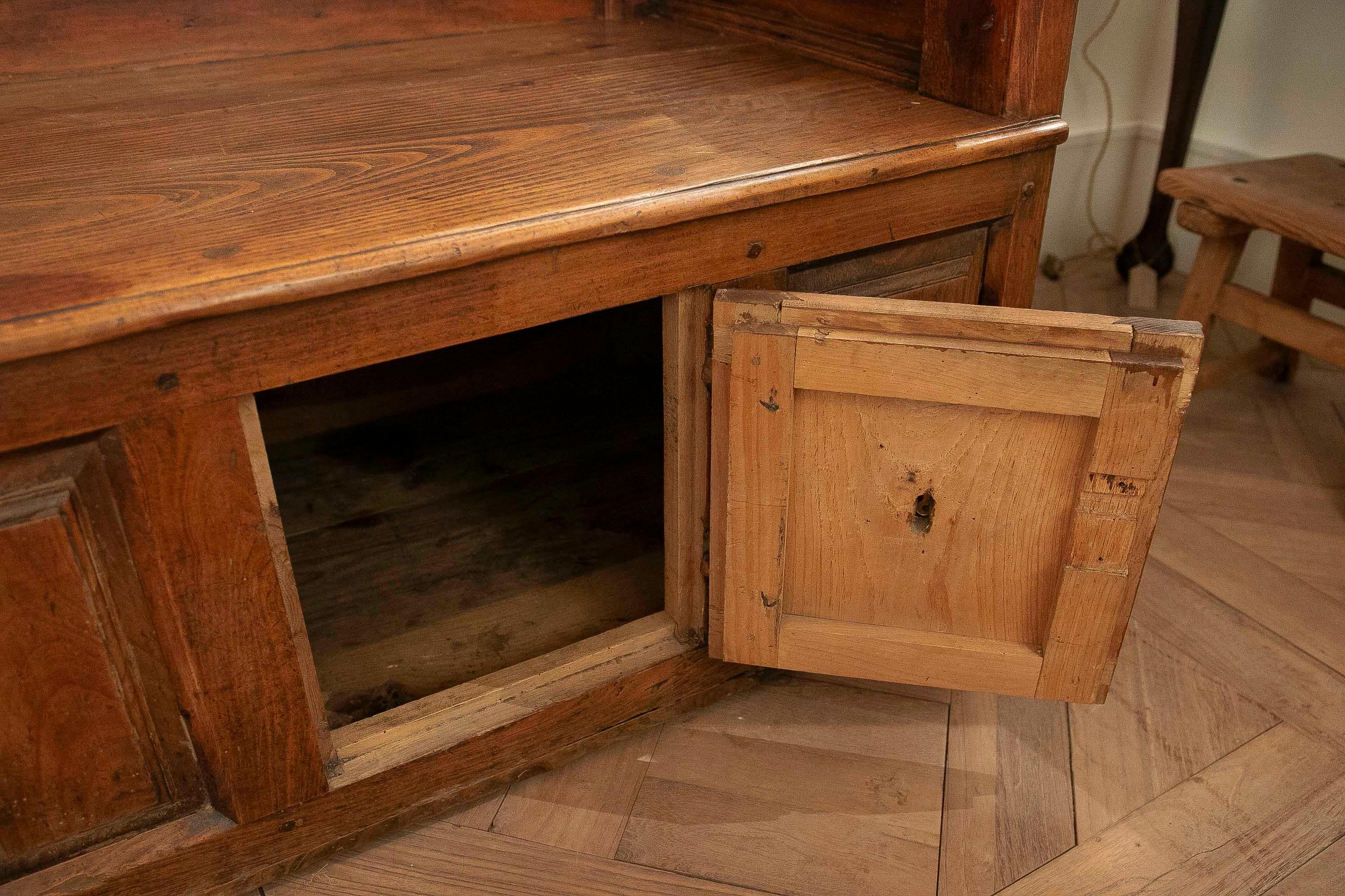 Bois 19th Antique Spanish Wooden Bench with High Backrest and Storage Underneath. en vente