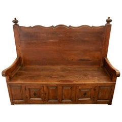 19th Antique Spanish Wooden Bench with High Backrest and Storage Underneath.