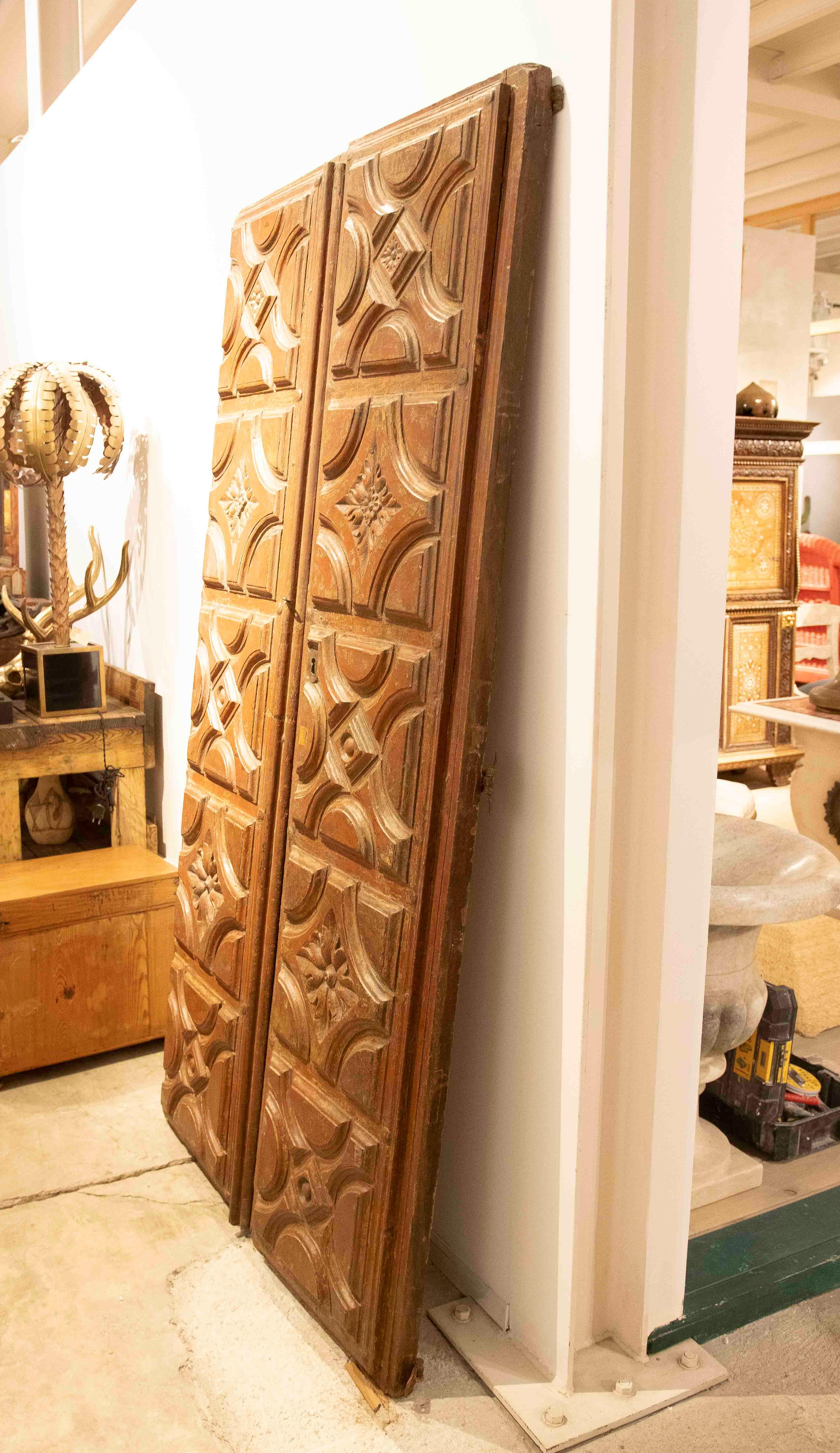 18th Antique Wooden Door Carved with Floral Motifs and Curvilinear Geometry For Sale 7