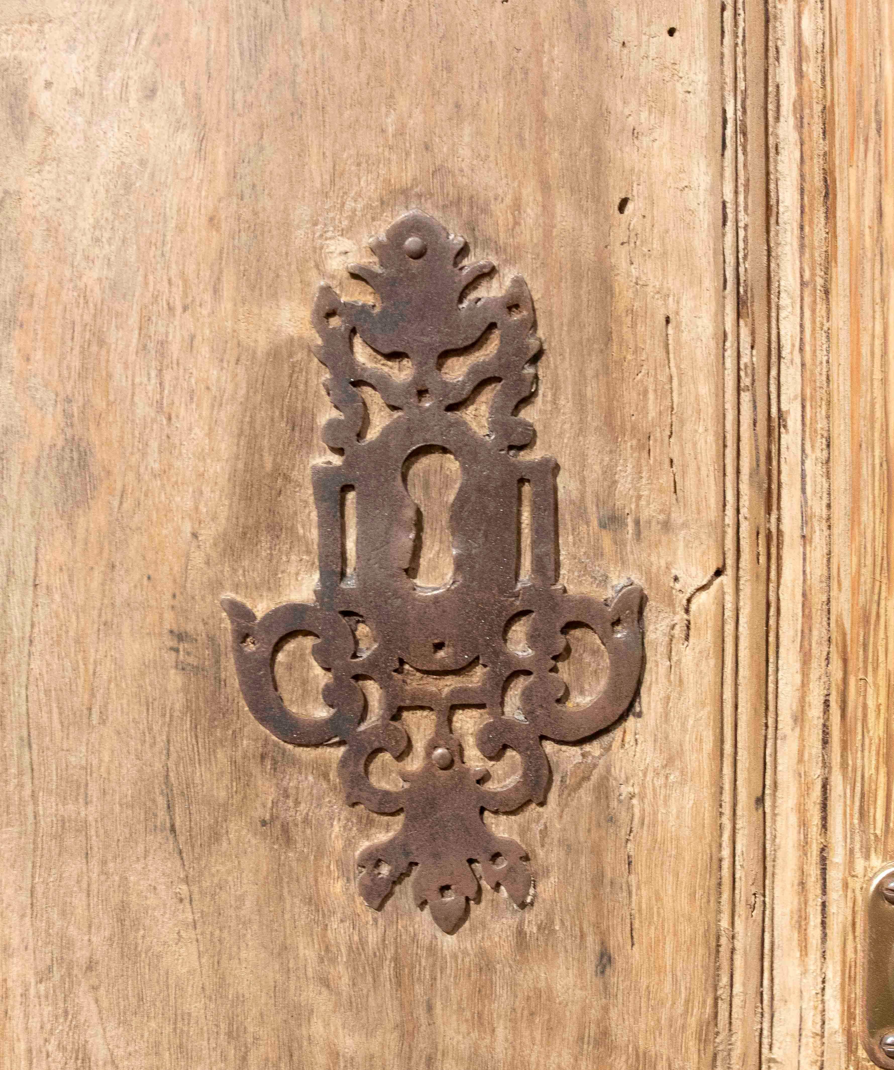 19th Century 19th Antique Wooden Entrance Door with Wrought Iron Grille and Bronze Knockers For Sale