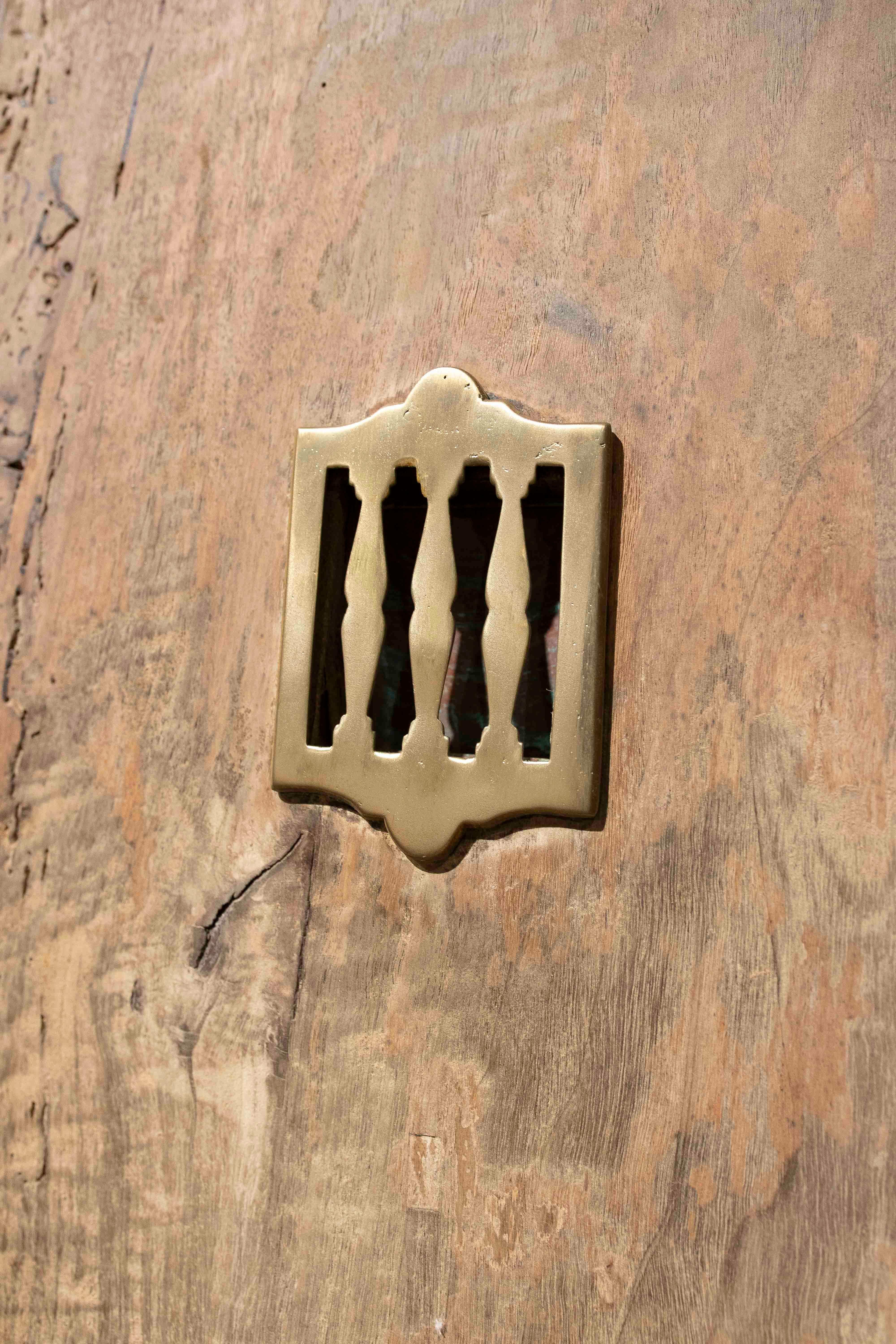 19th Antique Wooden Entrance Door with Wrought Iron Grille and Bronze Knockers For Sale 1