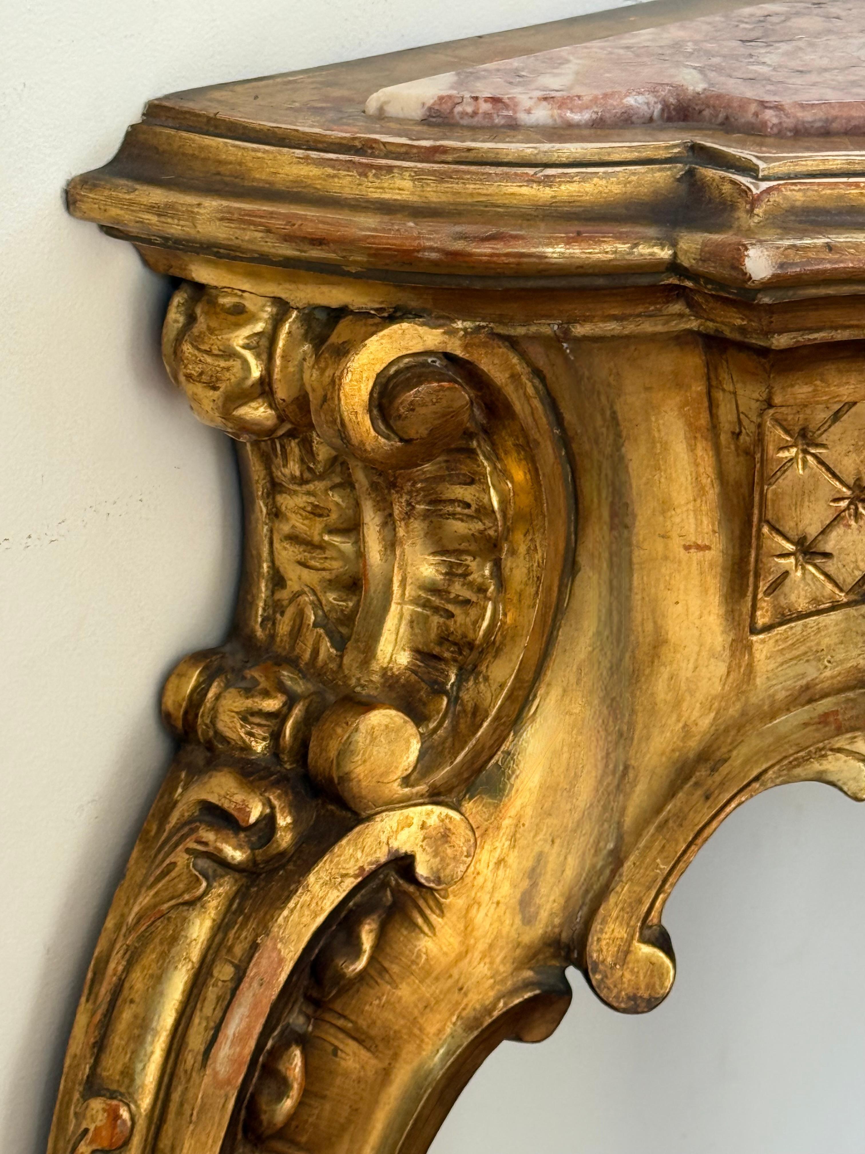 19th Baroque Carved & Gilted Walnut Ormolu with Marble Console Table and Cherub For Sale 4