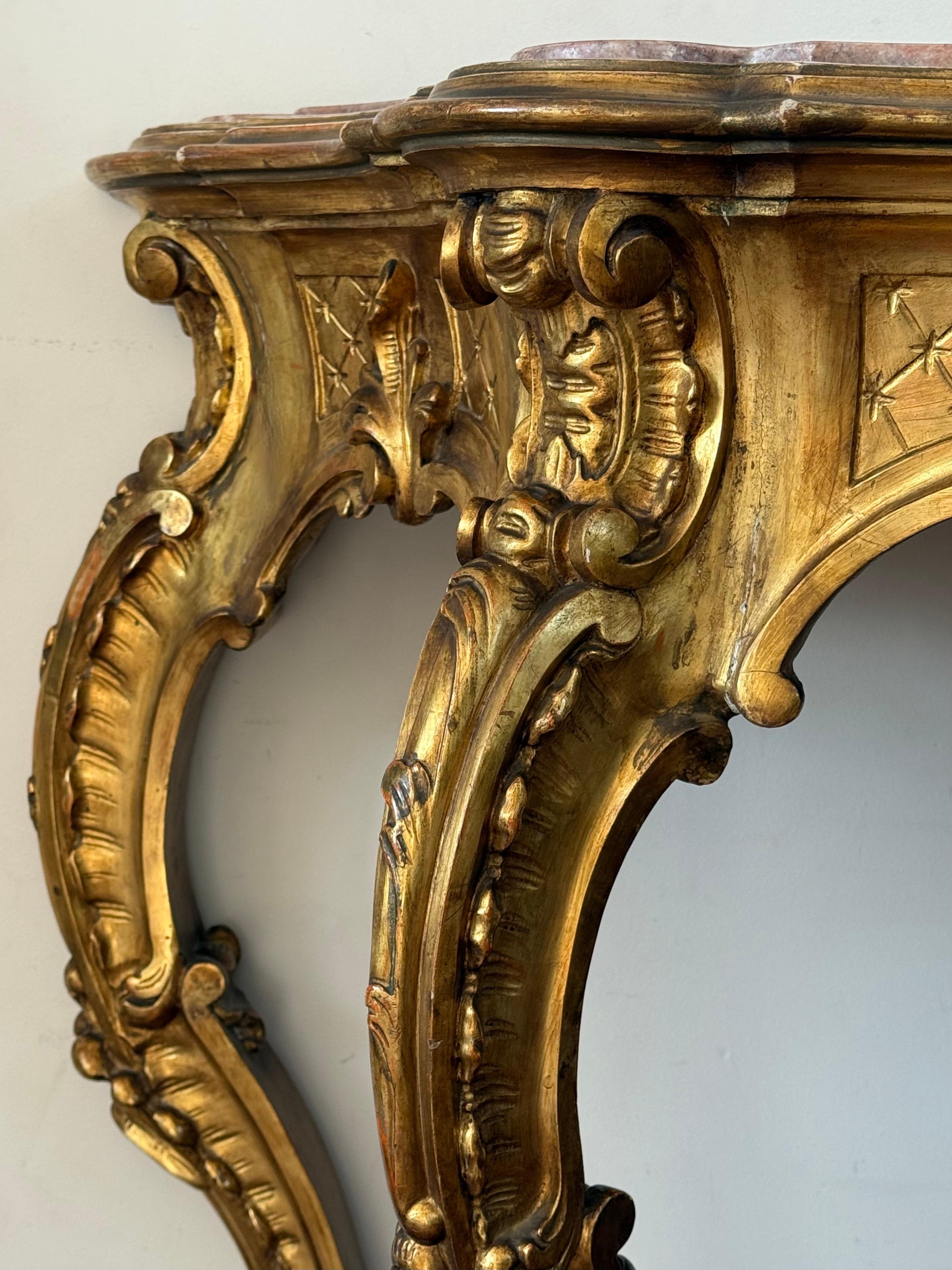 19th Baroque Carved & Gilted Walnut Ormolu with Marble Console Table and Cherub For Sale 5