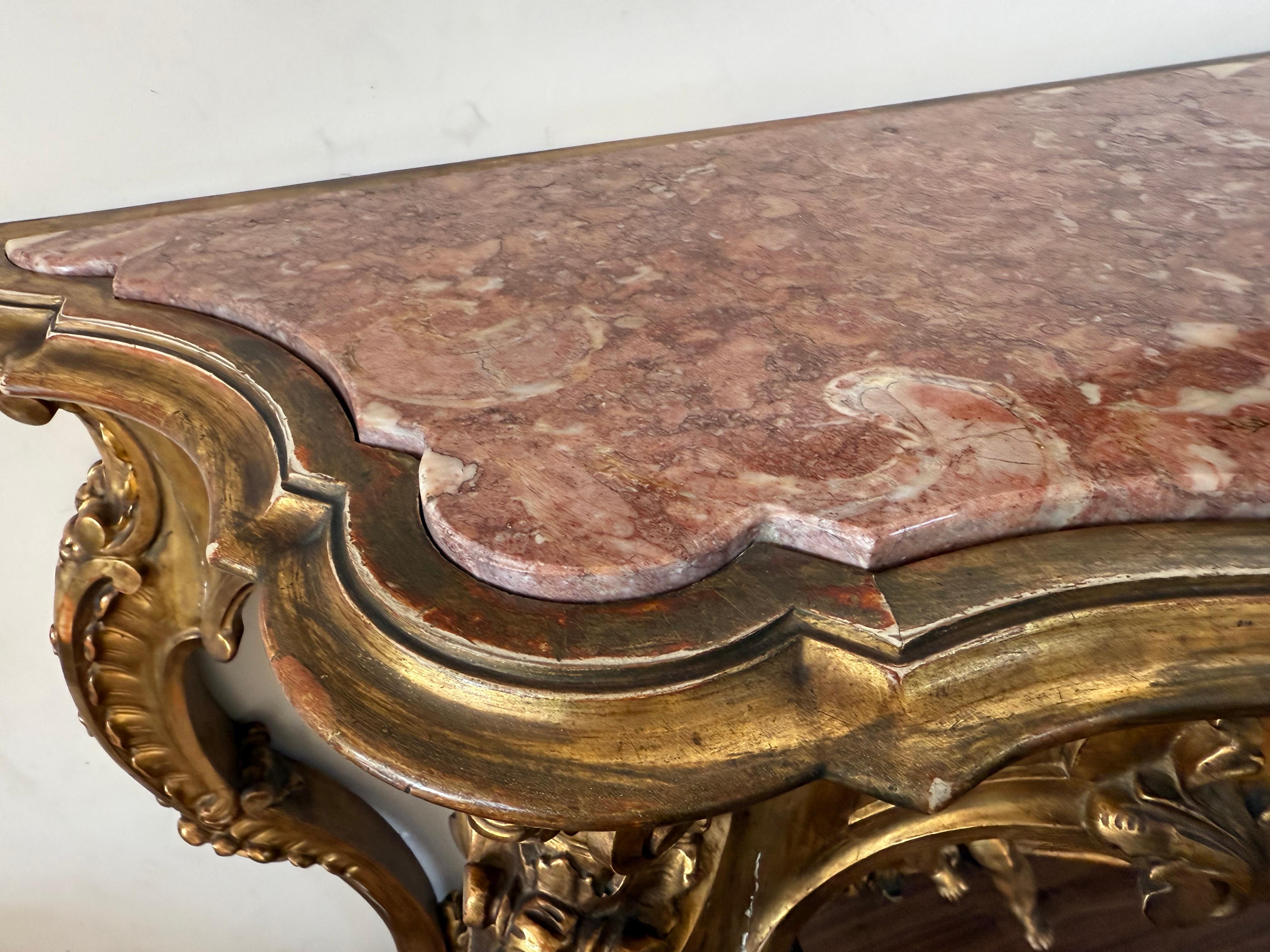 19th Baroque Carved & Gilted Walnut Ormolu with Marble Console Table and Cherub For Sale 6