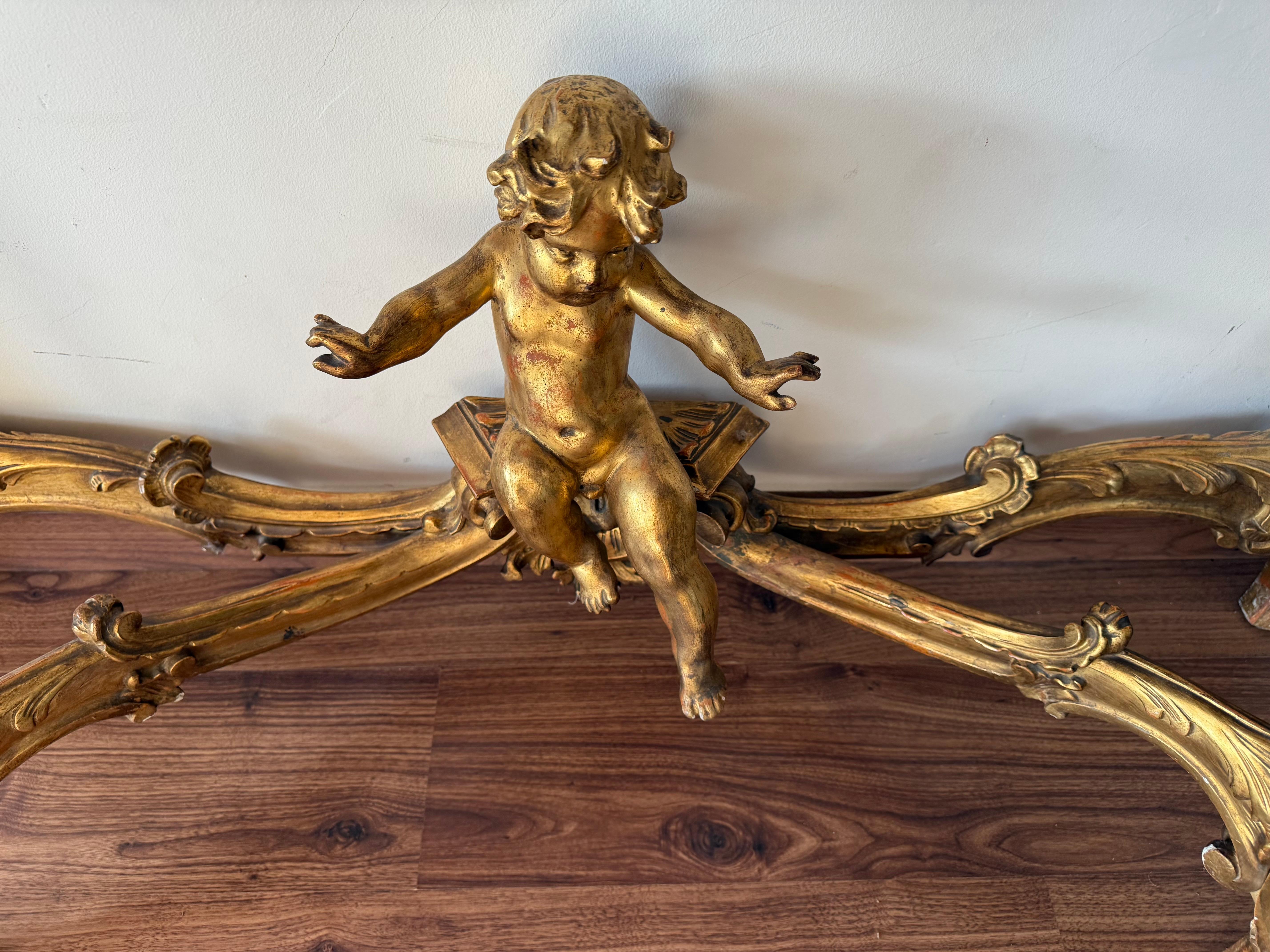 19th Baroque Carved & Gilted Walnut Ormolu with Marble Console Table and Cherub For Sale 7