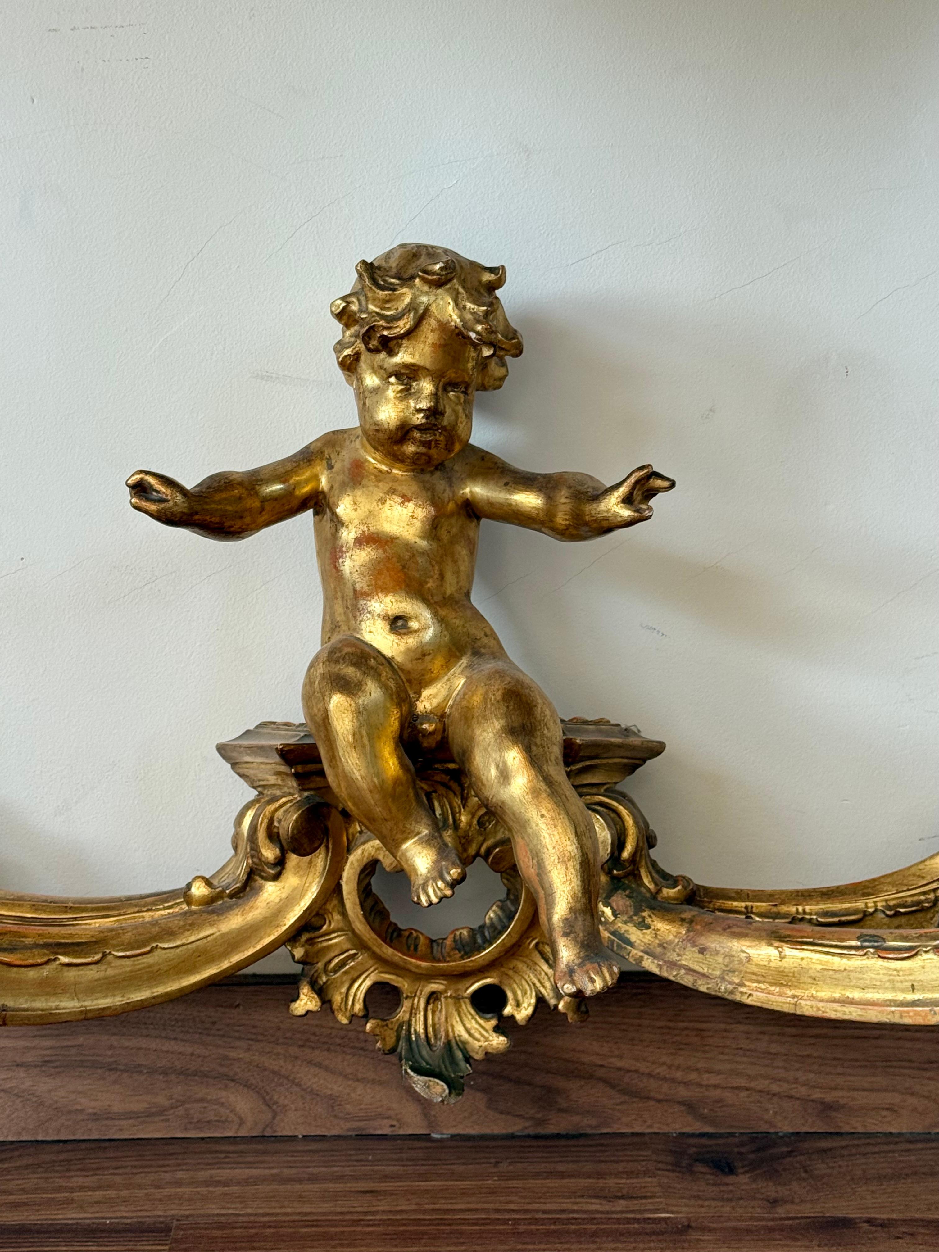 19th Baroque Carved & Gilted Walnut Ormolu with Marble Console Table and Cherub For Sale 8