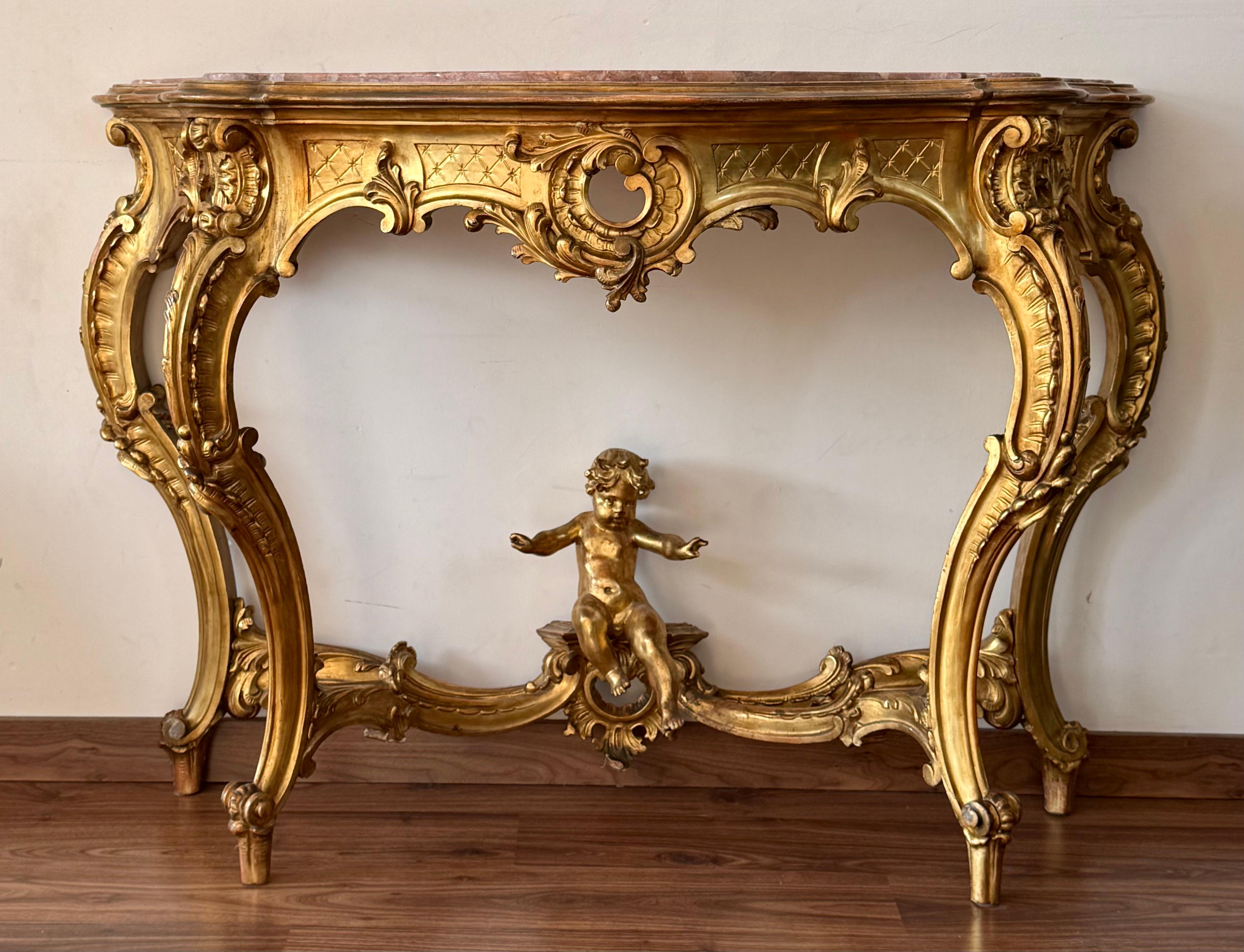 Baroque Revival 19th Baroque Carved & Gilted Walnut Ormolu with Marble Console Table and Cherub For Sale