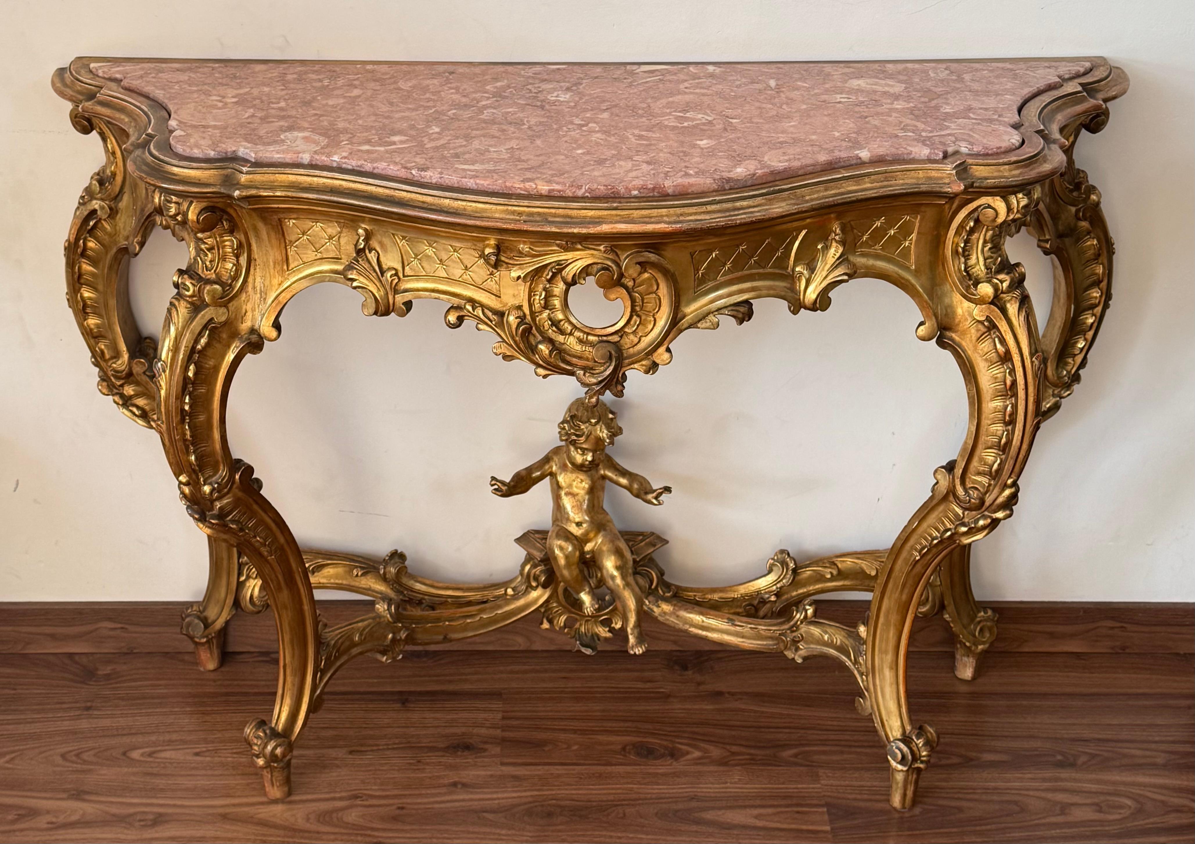 Spanish 19th Baroque Carved & Gilted Walnut Ormolu with Marble Console Table and Cherub For Sale