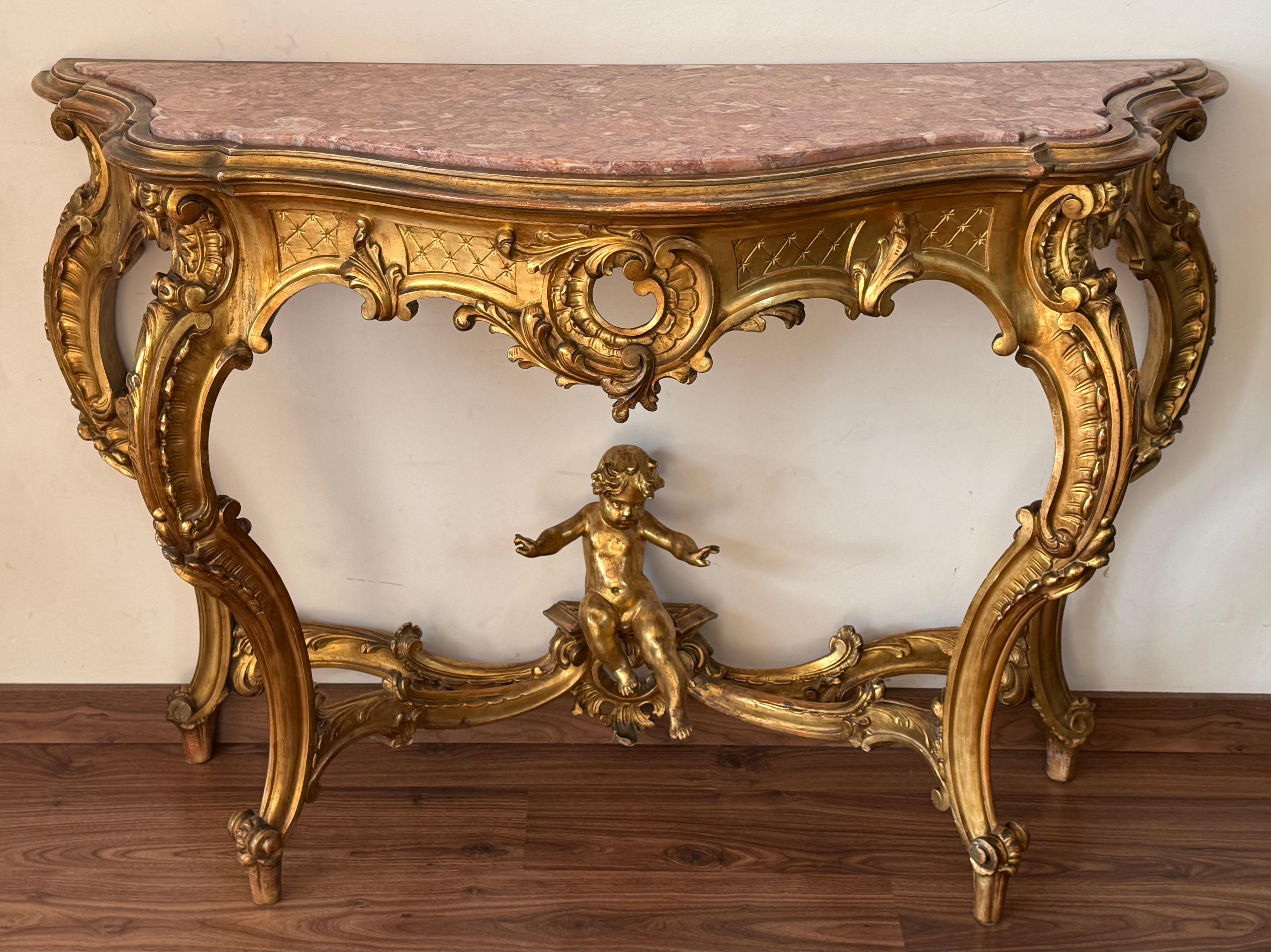 19th Baroque Carved & Gilted Walnut Ormolu with Marble Console Table and Cherub In Good Condition For Sale In Miami, FL