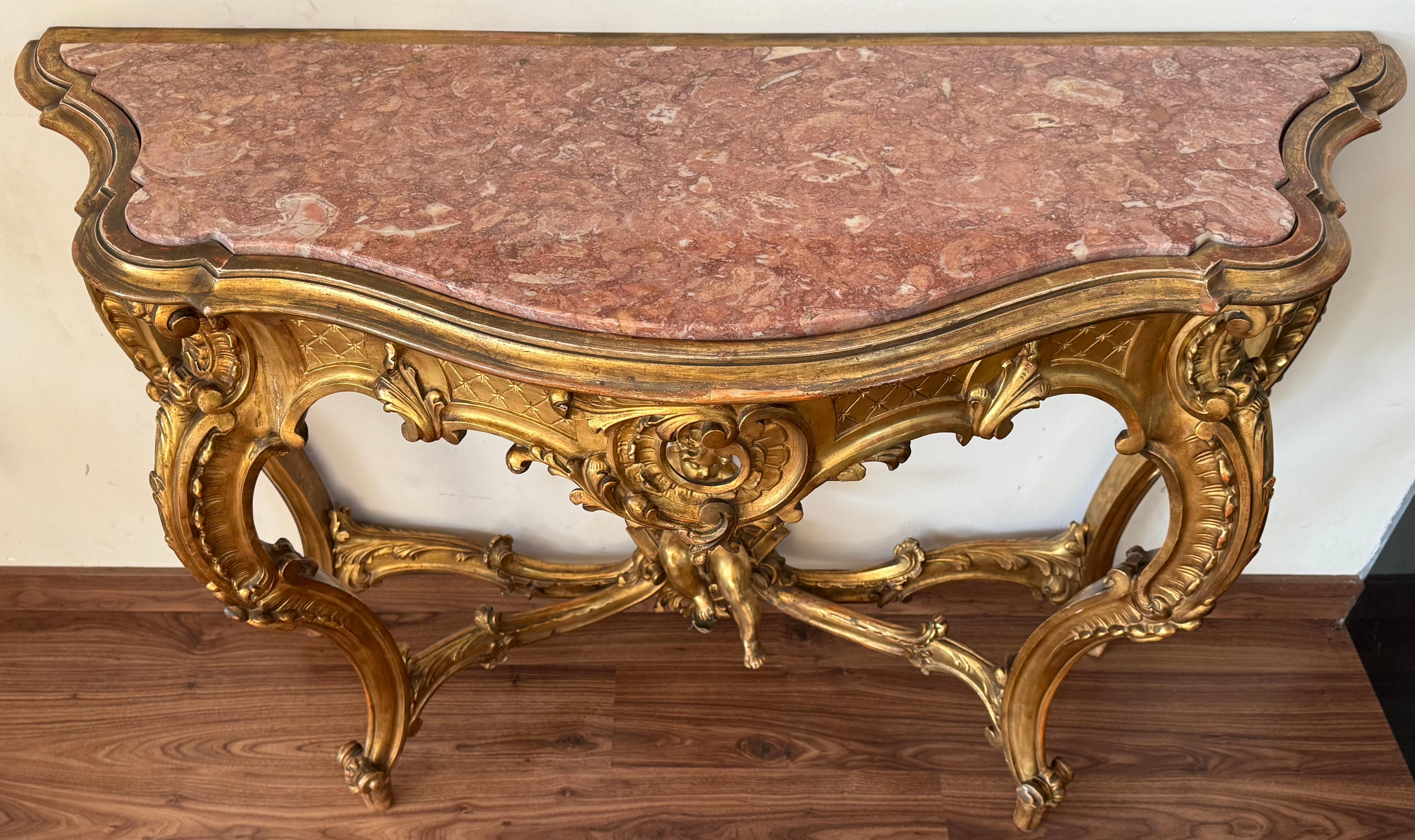 19th Baroque Carved & Gilted Walnut Ormolu with Marble Console Table and Cherub For Sale 1