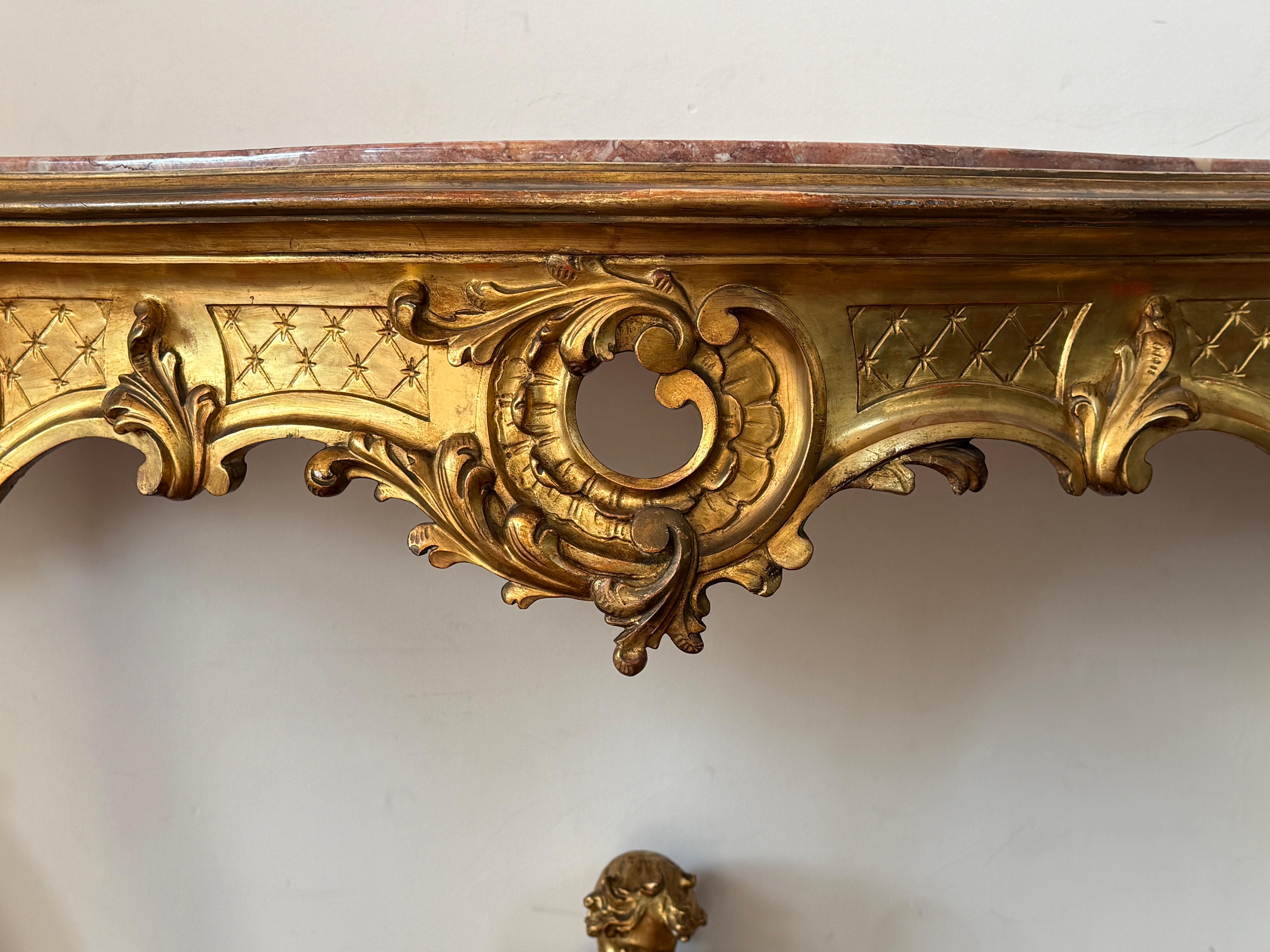 19th Baroque Carved & Gilted Walnut Ormolu with Marble Console Table and Cherub For Sale 2