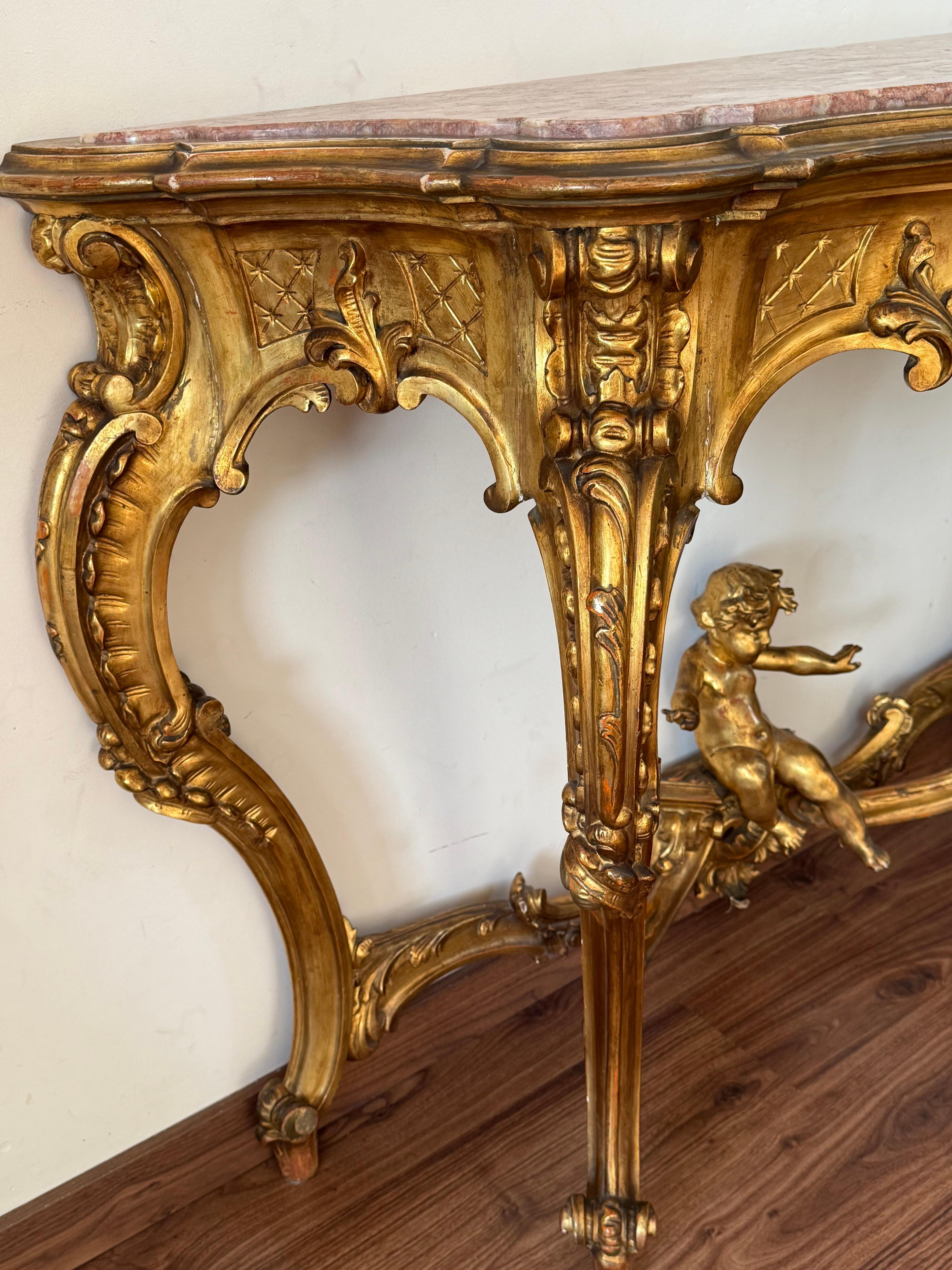 19th Baroque Carved & Gilted Walnut Ormolu with Marble Console Table and Cherub For Sale 3