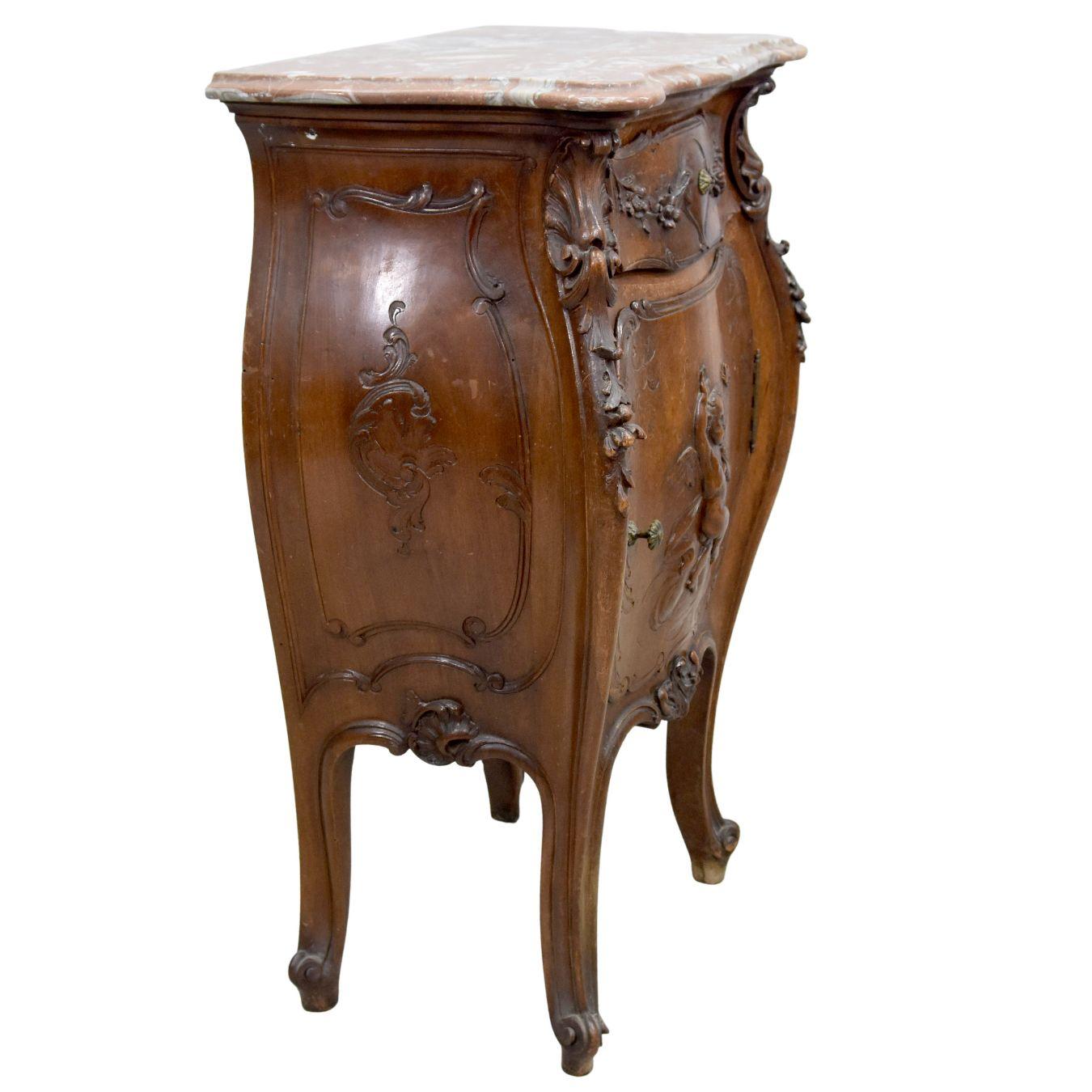 19th Century 19th Baroque Louis XV Rococo Style Walnut Bedside Table with Putti