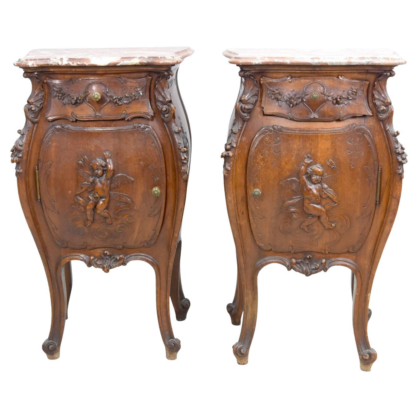 19th Baroque Louis XV Rococo Style Walnut Bedside Table with Putti