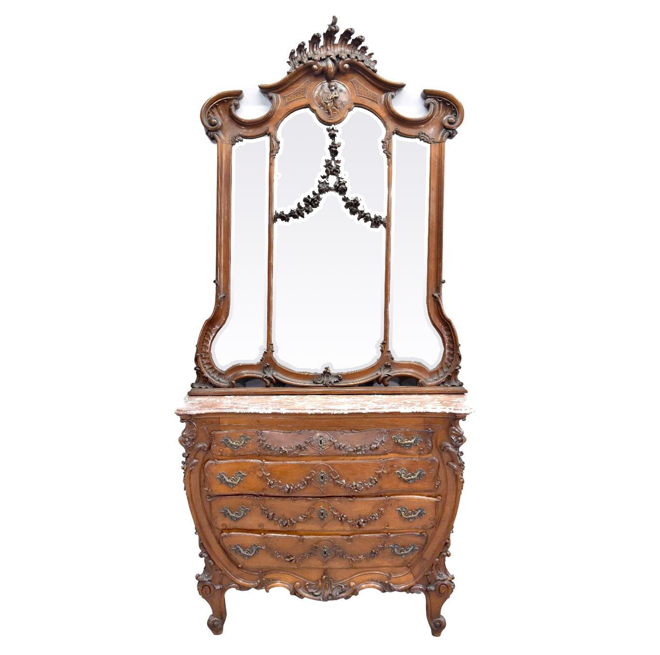 19. Barock Louis XV Rokoko Stil Spiegelschrank Nussbaum Frisiertisch mit Putti reich geschnitzt. Teil eines Sets mit einem Kleiderschrank, einem Bett und einem Paar Nachttischen.