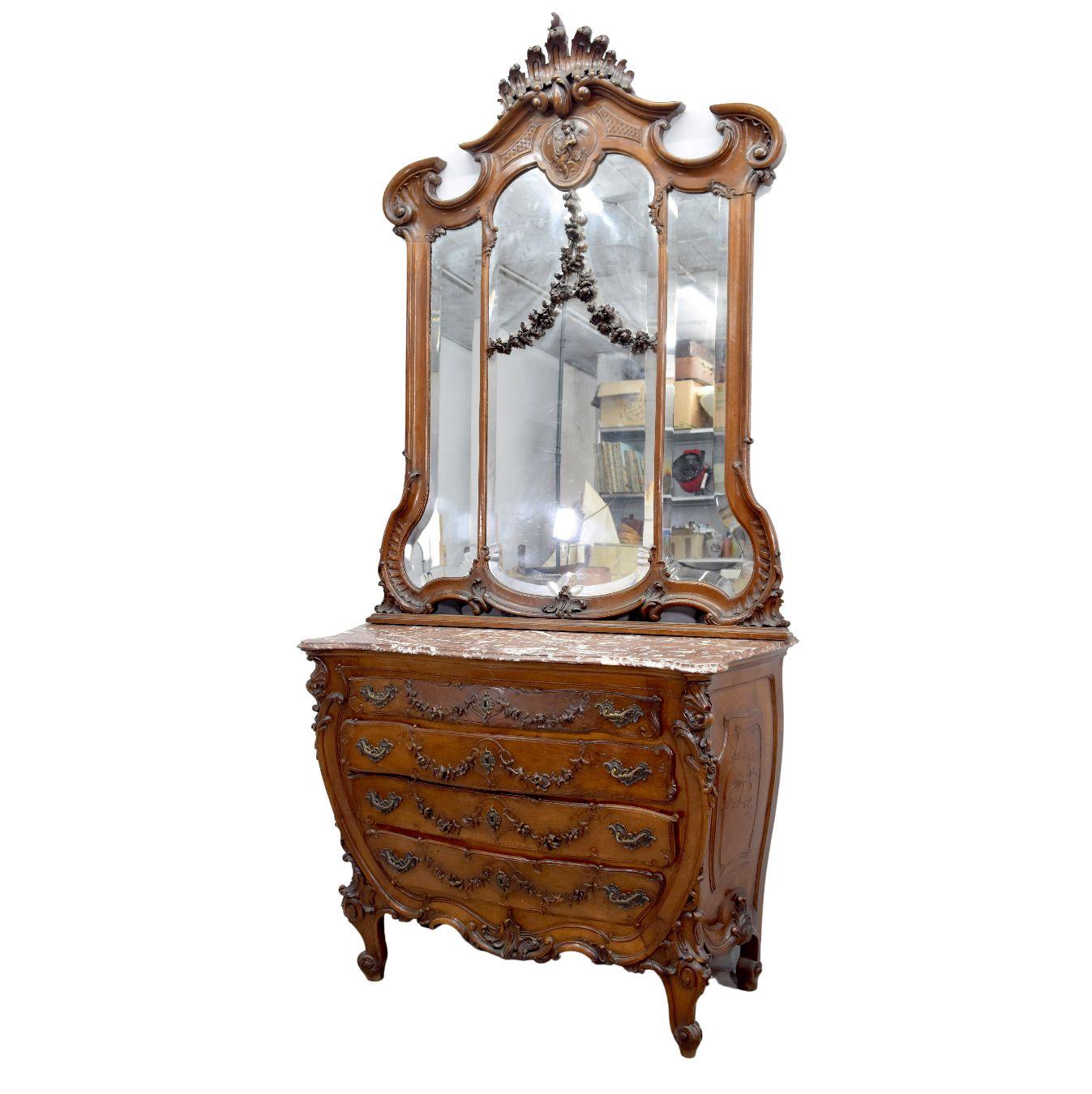 European 19th Baroque Louis XV Rococo Style Walnut Dressing Table with Putti For Sale