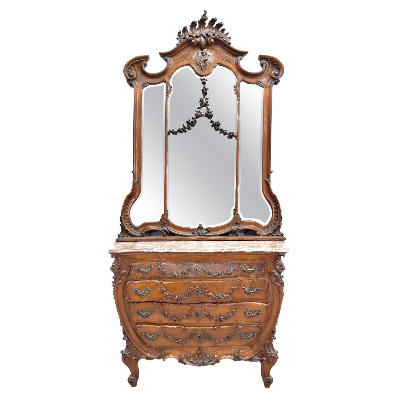 19th Baroque Louis XV Rococo Style Walnut Dressing Table with Putti