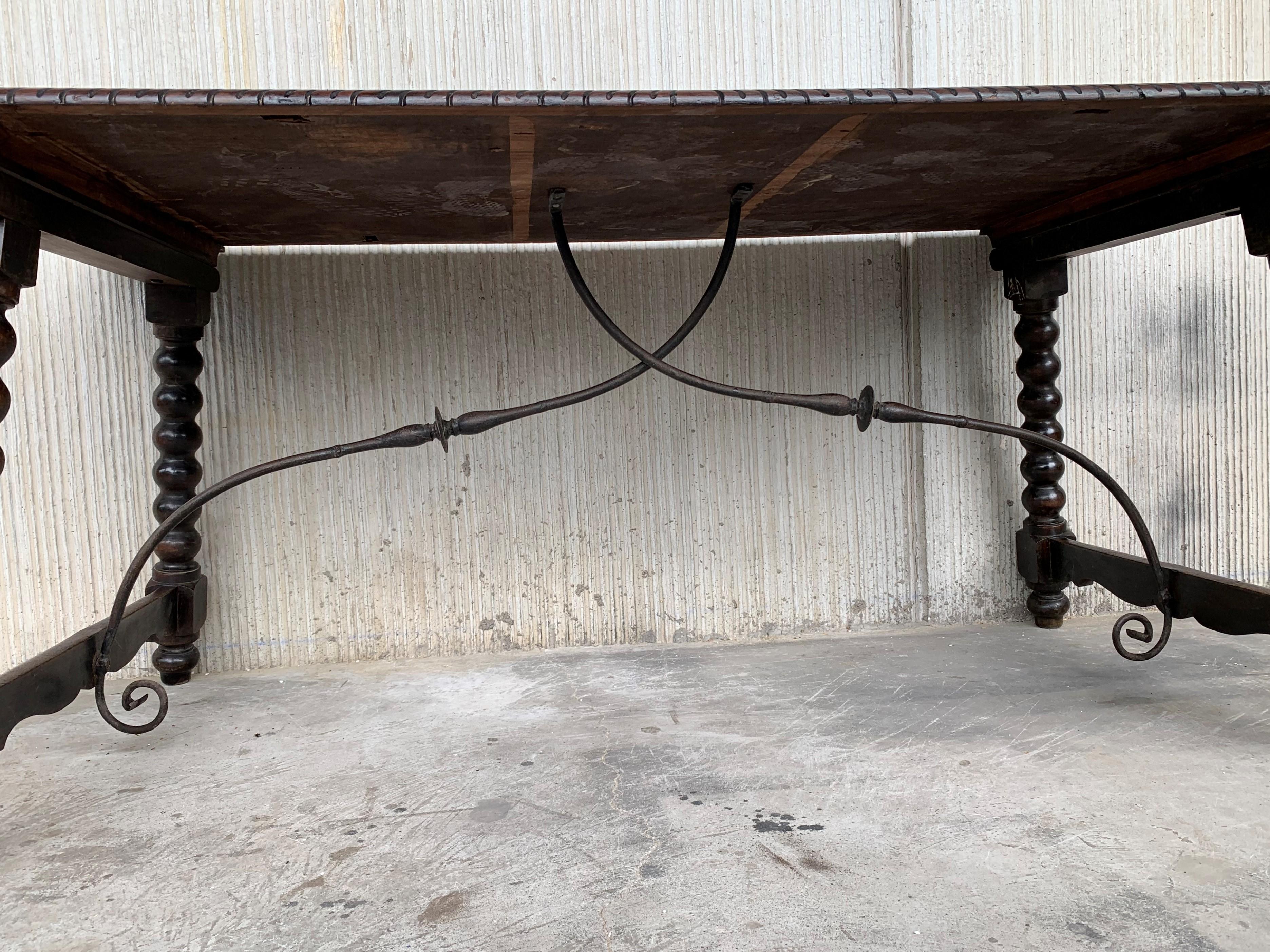 19th Baroque Spanish Farm Trestle Lyre Leg Dining Room Table with Forged Iron 5