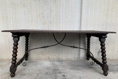 19th Baroque Spanish Farm Trestle Lyre Leg Dining Room Table with Forged Iron