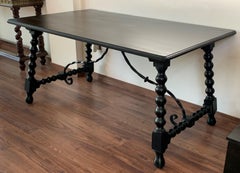 Baroque Spanish Farm Trestle Lyre Leg Dining Room Table with Forged Iron