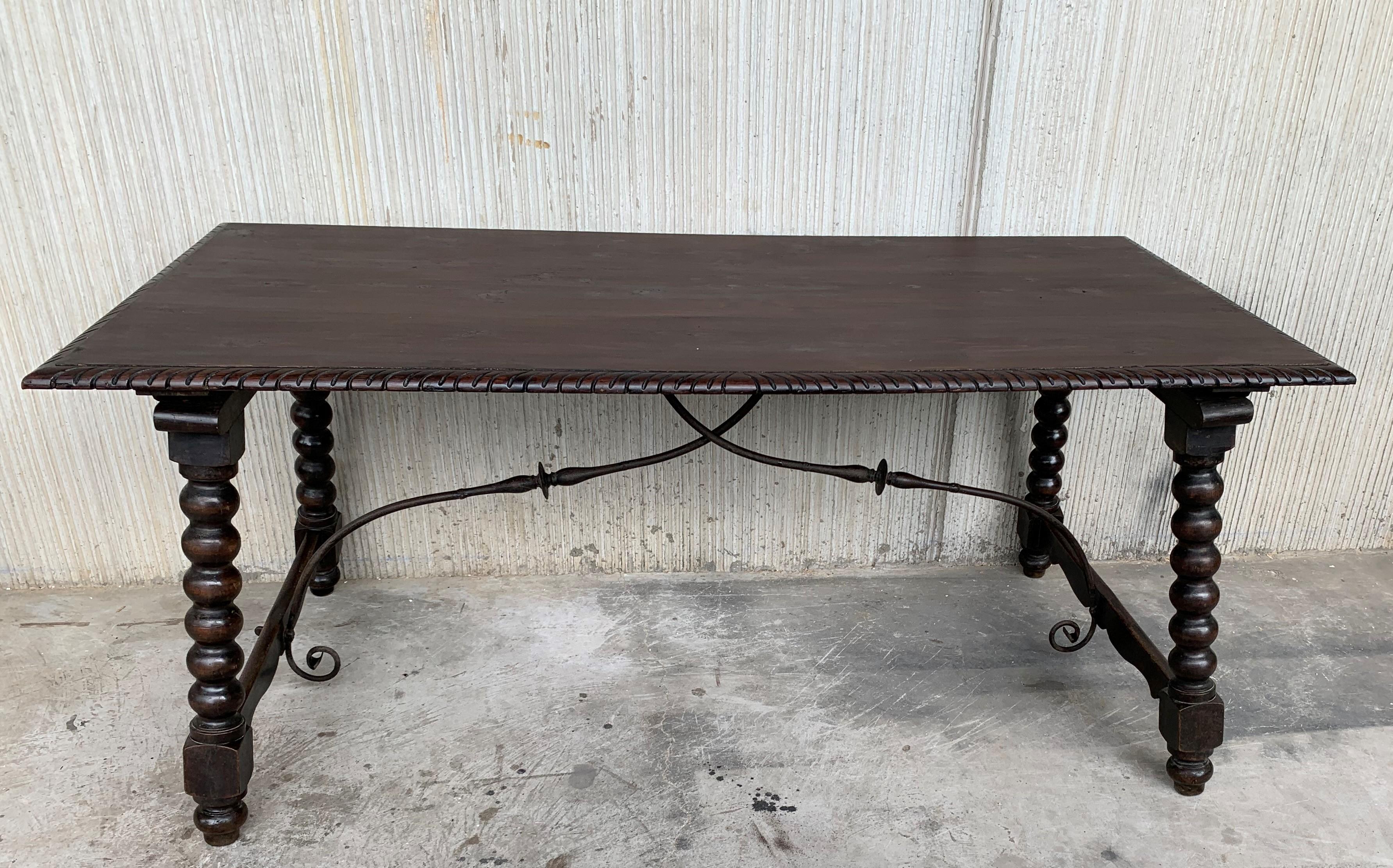 19th Baroque Spanish Farm Trestle Lyre Leg Dining Room Table with Forged Iron In Good Condition In Miami, FL