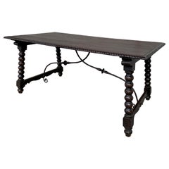 19th Baroque Spanish Farm Trestle Lyre Leg Dining Room Table with Forged Iron