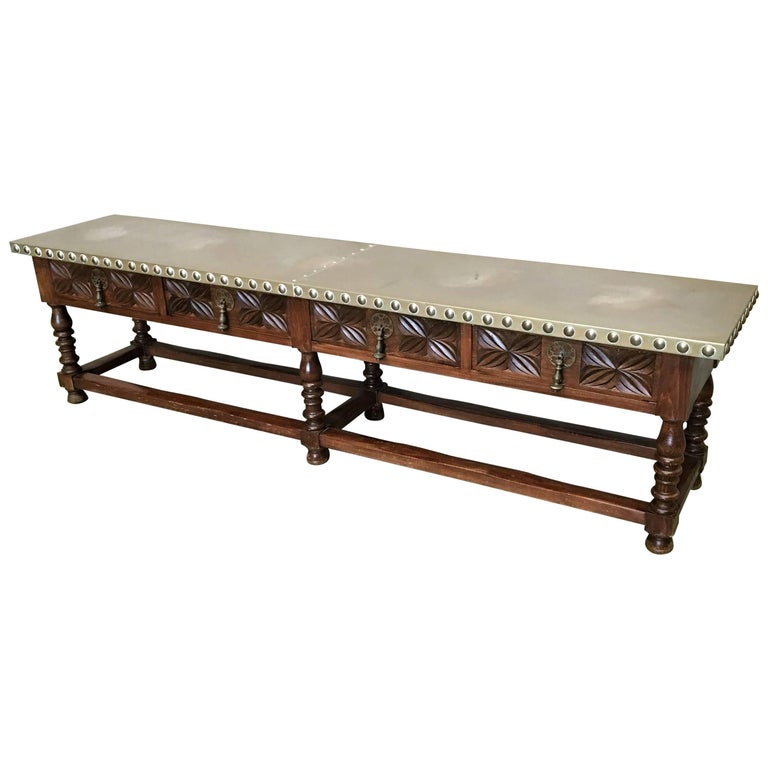 19th Bench Or Console Table With Zinc Top And Four Drawers Handles