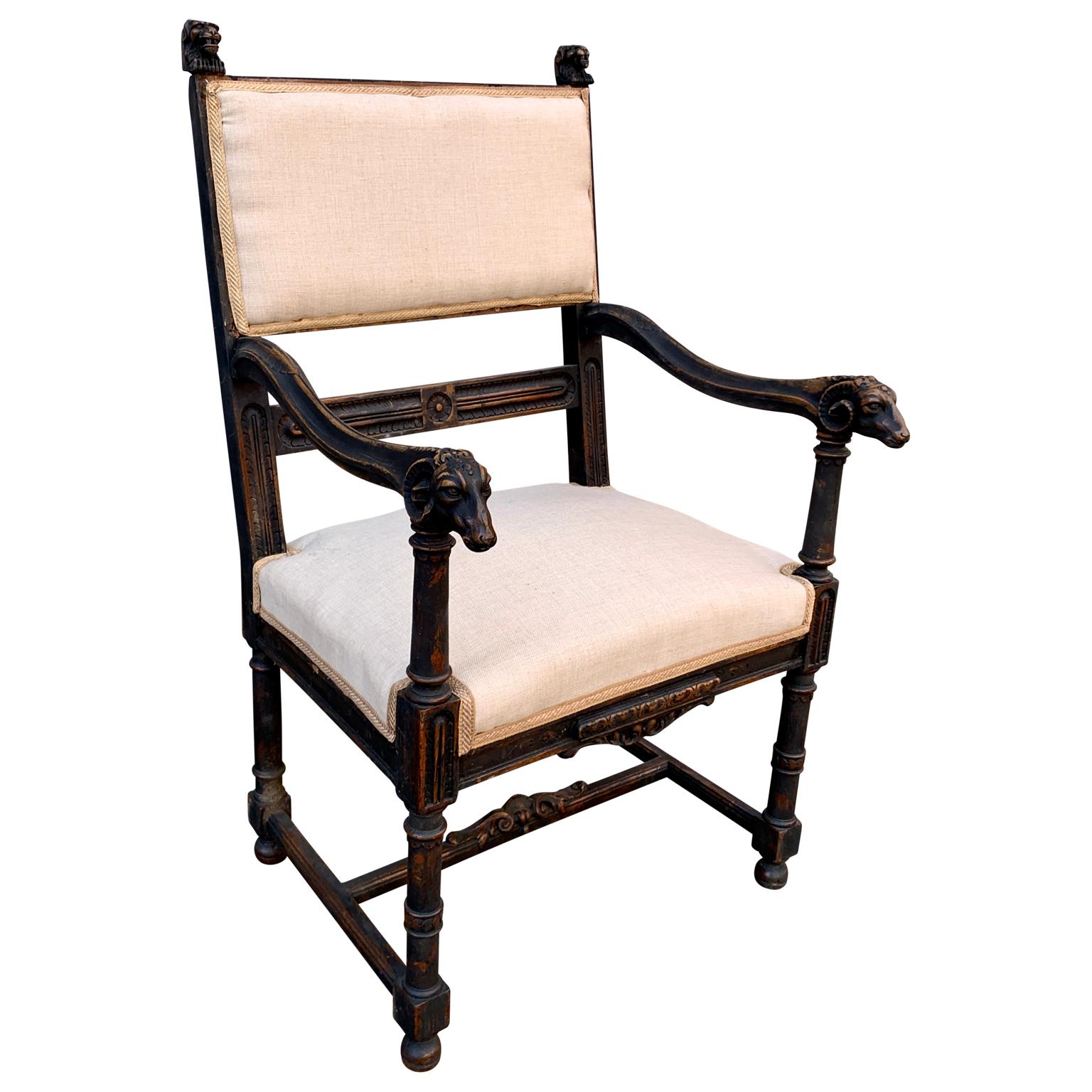 Gothic Revival 19th Black Painted Century French Armchair For Sale