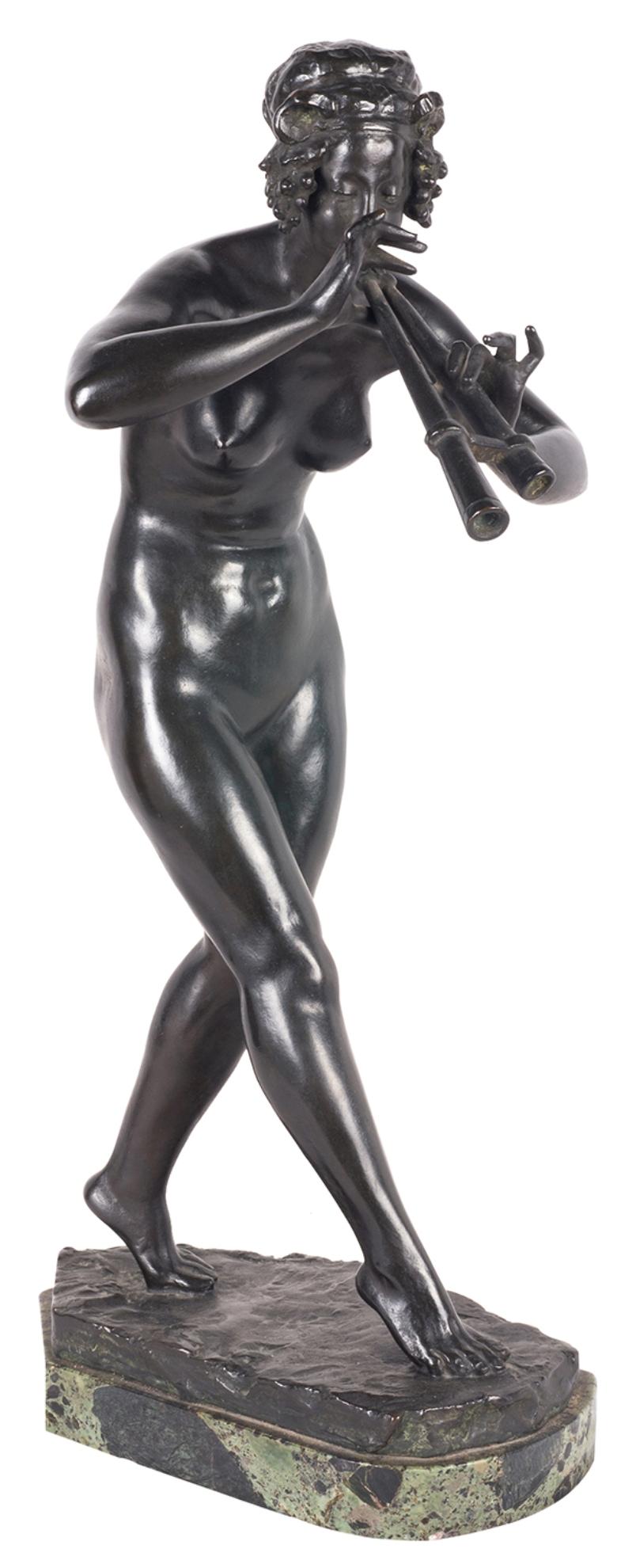 A very good quality 19th century bronze statue of a female nude statue playing the pipes, mounted on a marble plinth.