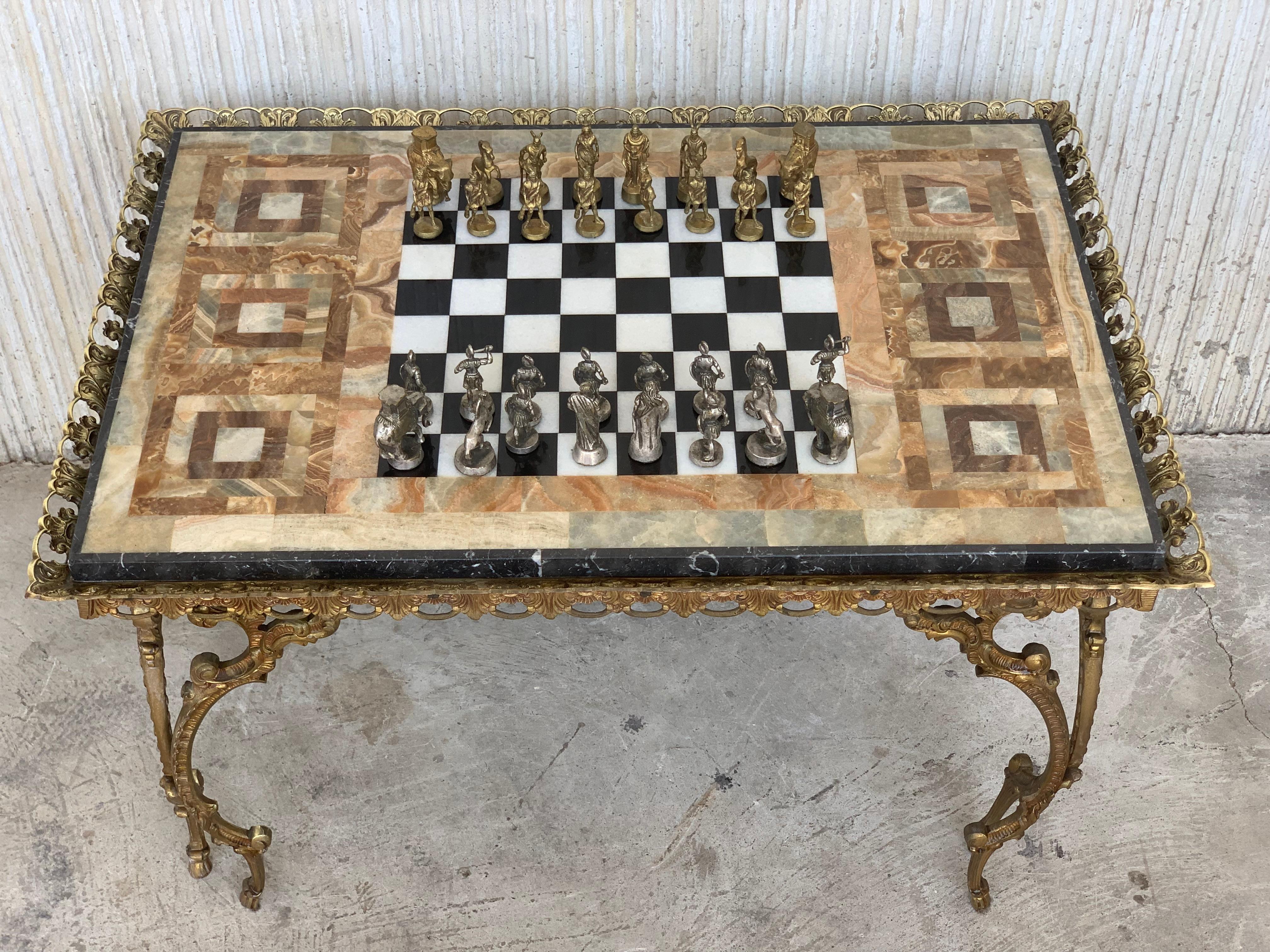 Baroque 19th Century Bronze Game of Chess with Marble-Top and Bronze Legs Table