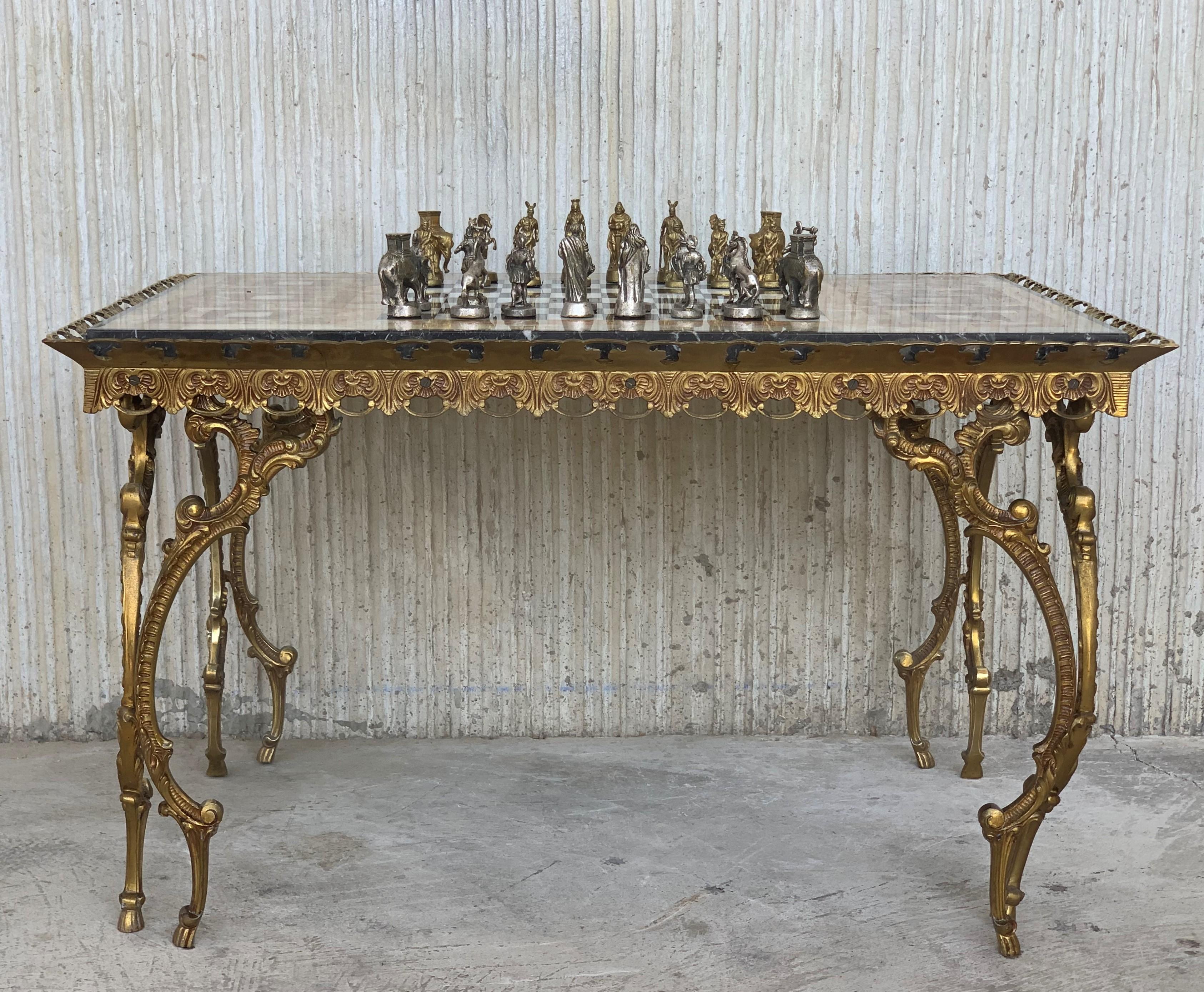 French 19th Century Bronze Game of Chess with Marble-Top and Bronze Legs Table