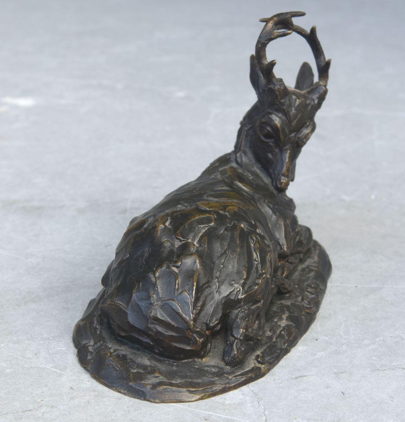 French 19th Century Bronze Resting Deer with Medal Patina by Robert Bousquet For Sale