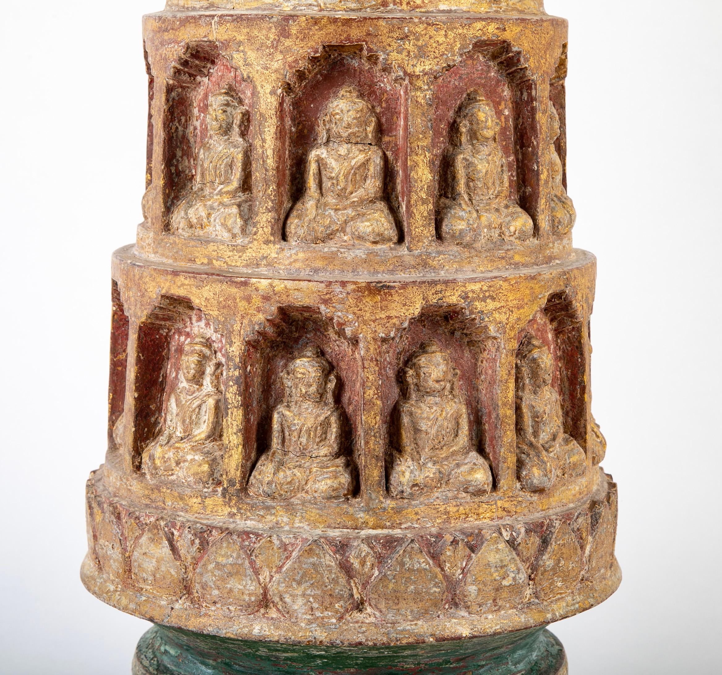 Wood 19th Burmese Carved and giltwood Stupa with Buddhas in Niches For Sale