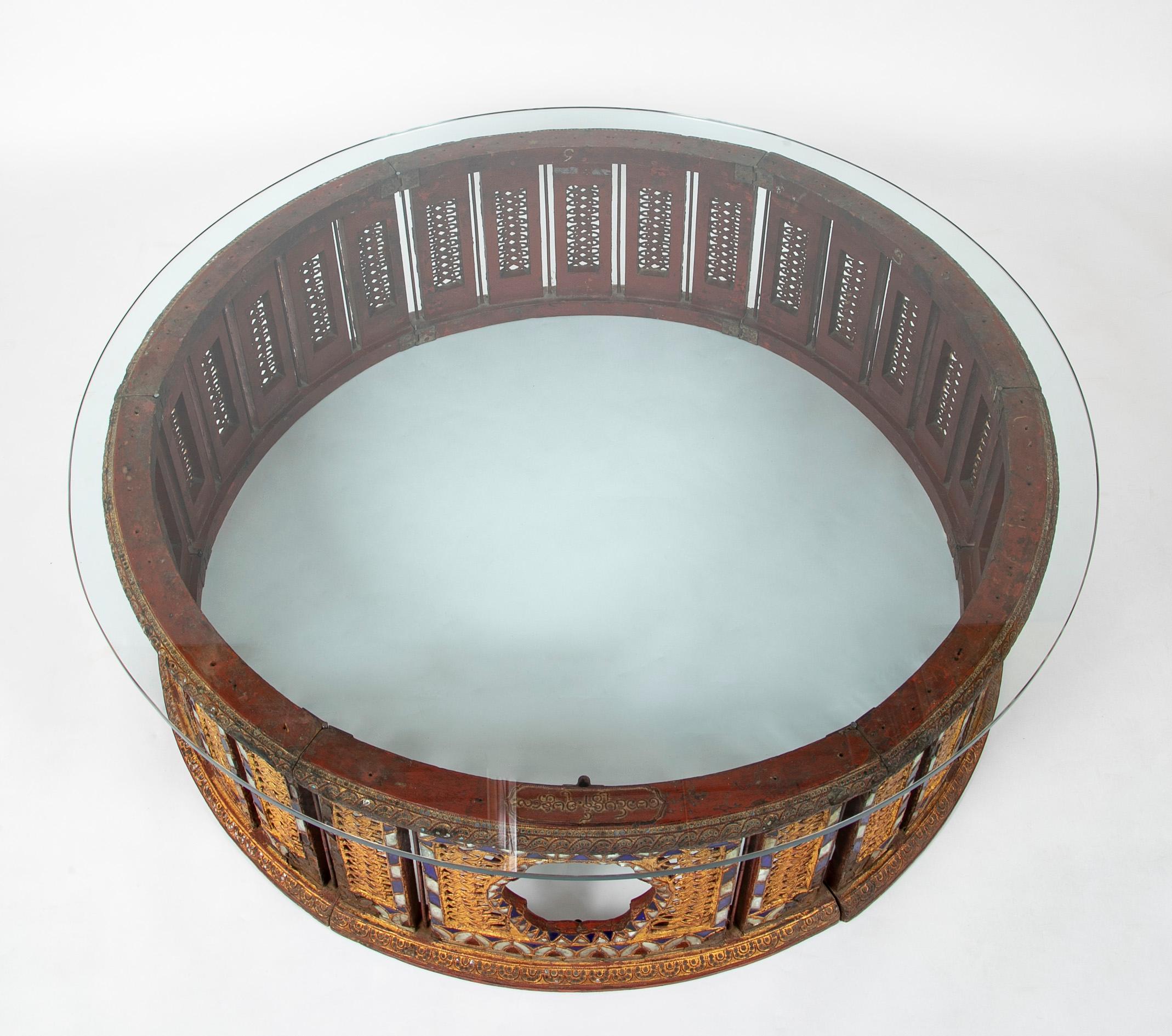 Carved 19th Burmese Inlaid Mosaic Round Glass Topped Coffee Table, Large Scale