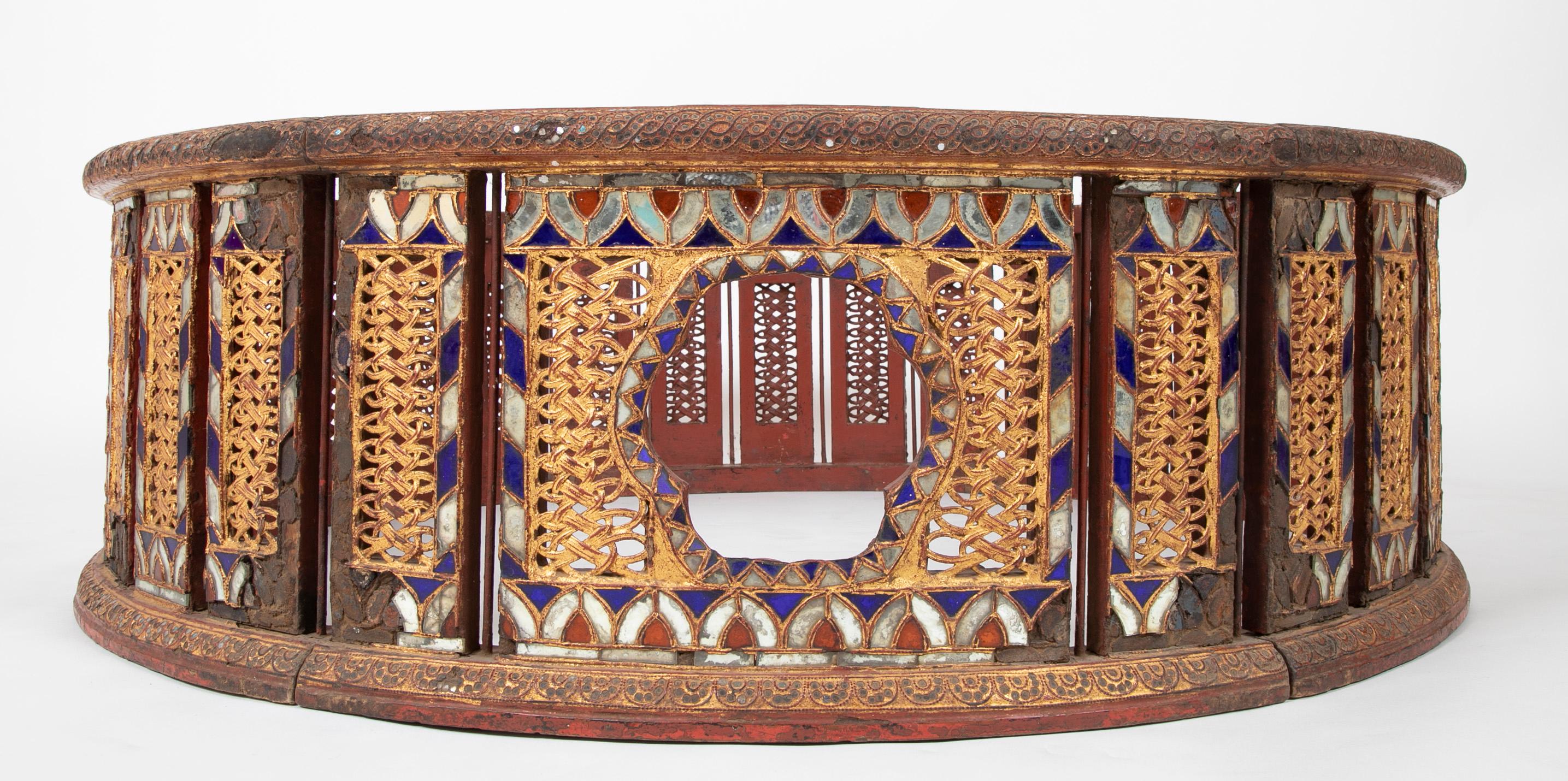 19th Century 19th Burmese Inlaid Mosaic Round Glass Topped Coffee Table, Large Scale