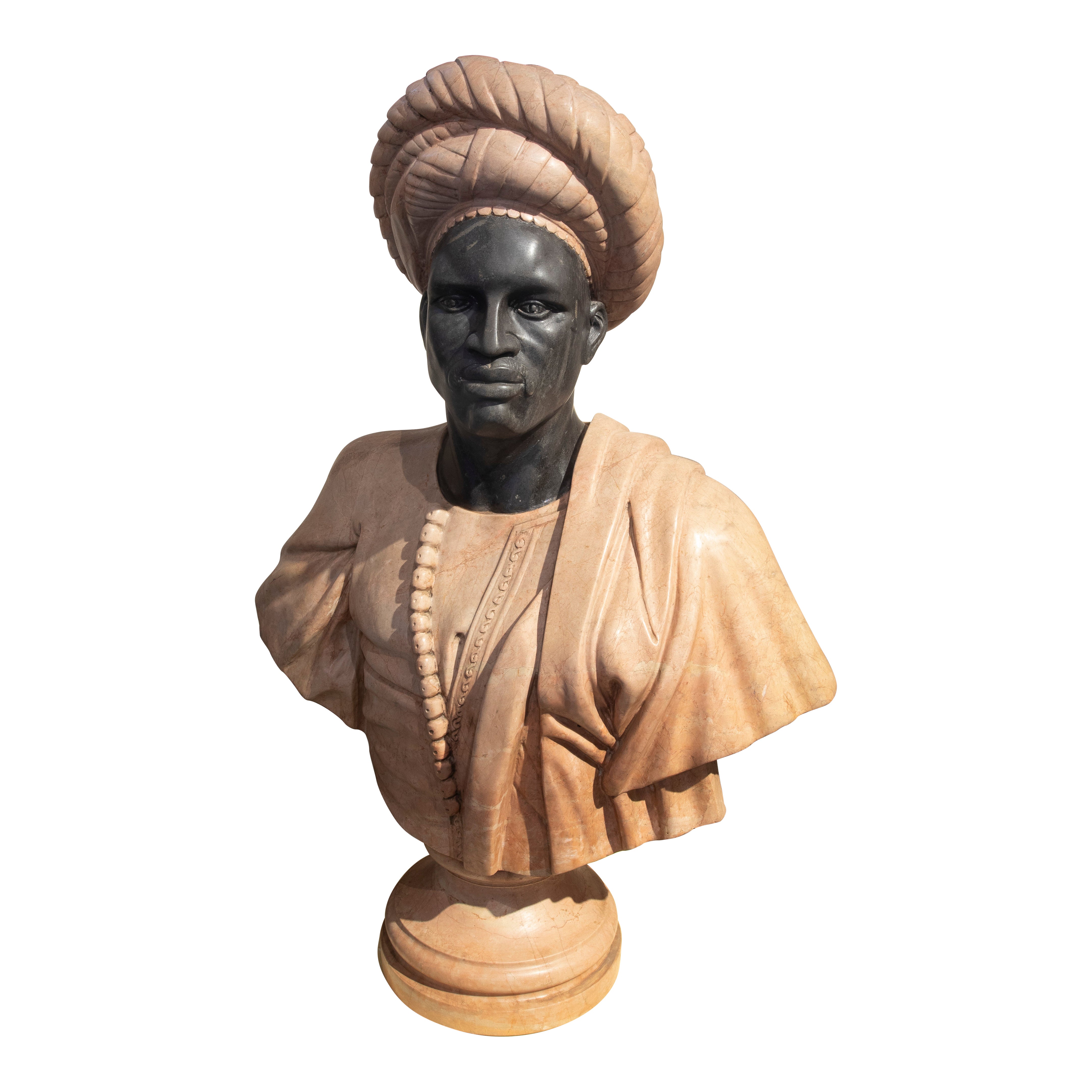 19th Bust of an African Knight in Two-Tone Carved Marble