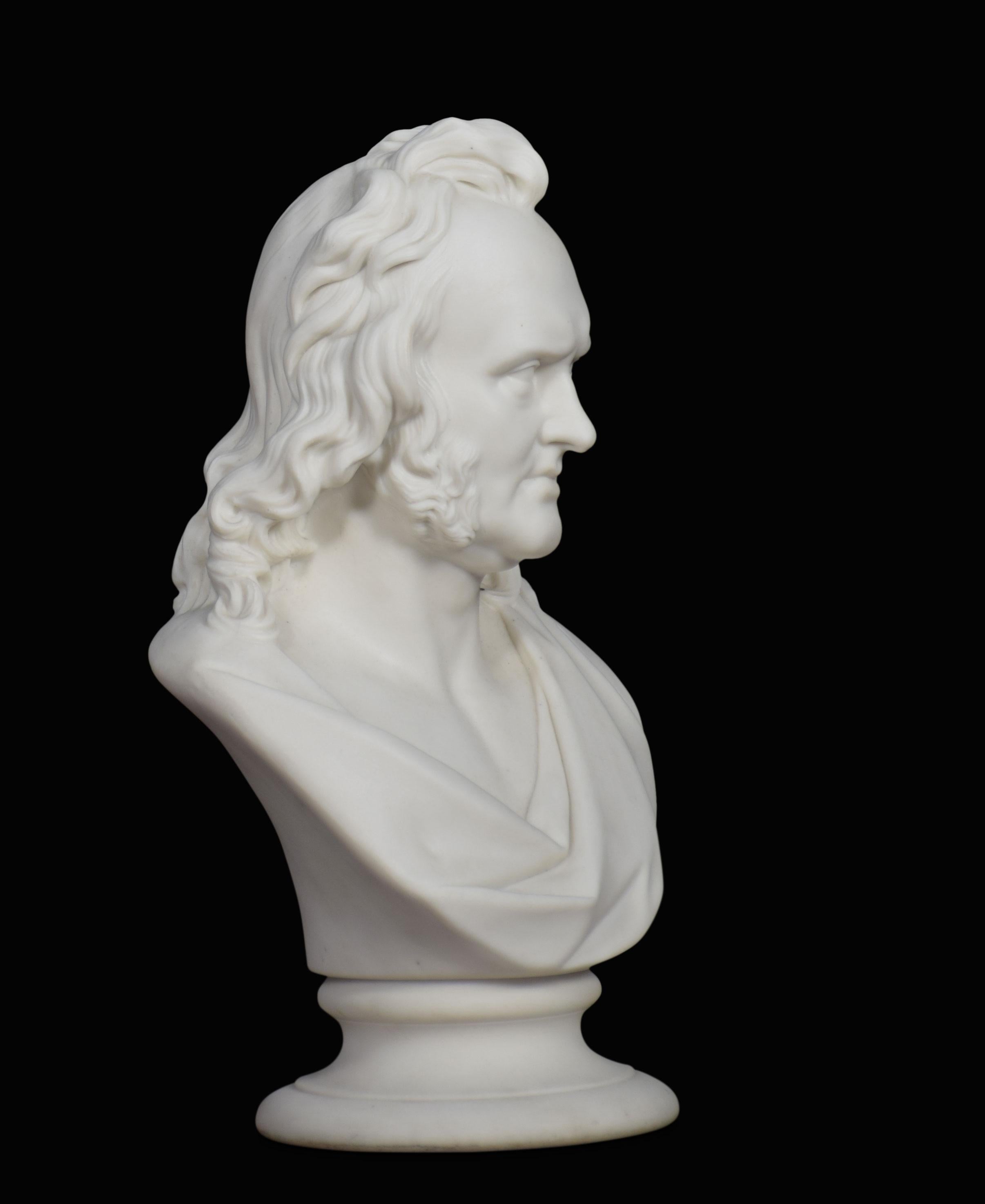 A 19th-century Parian bust of Professor John Wilson raised up on a circular base.
Dimensions
Height 11.5 inches
Length 7 inches
width 5.5 inches.