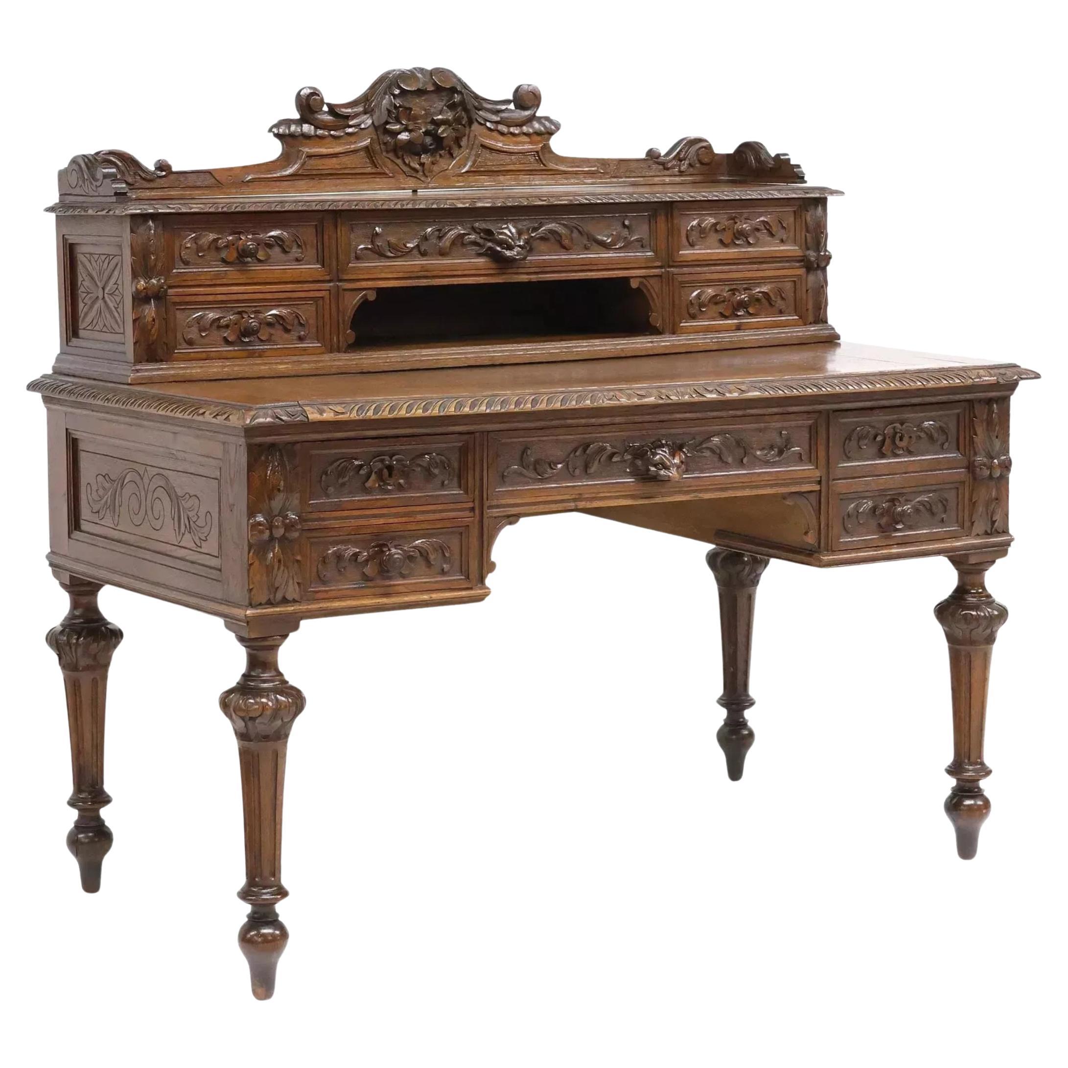 19th C., 1800's Antique Desk, Writing, French Henri II Style, Carved, Oak!!