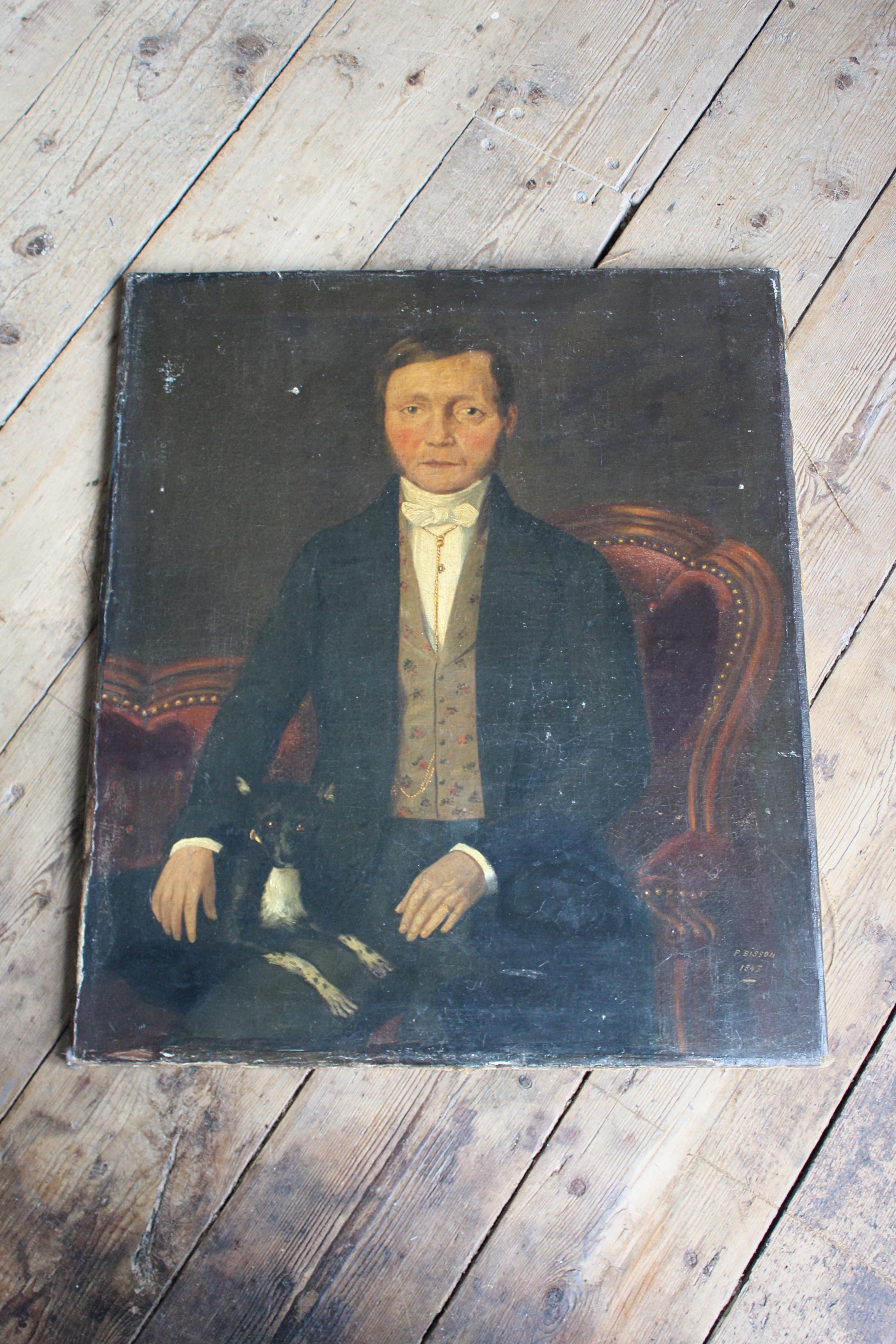 A charming mid 19th century French oil on canvas of a Gentleman and his doggy, dated 1847 and signed P.Bisson 

A small section of restoration under his left arm, but done some time ago and only noticeable on close inspection. A small hole just left