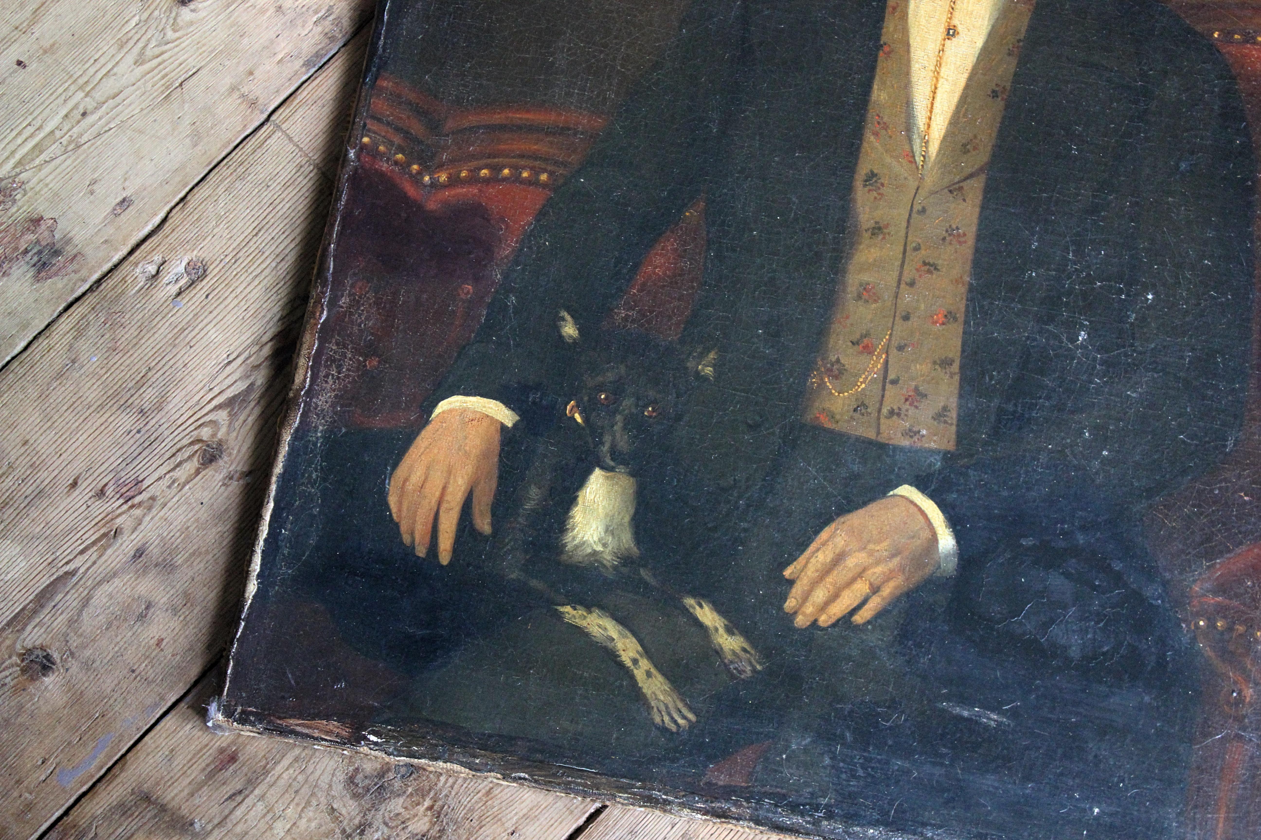 Hand-Painted 19th C 1847 French Oil on Canvas, Gent & His Four Legged Companion Folk Art  For Sale