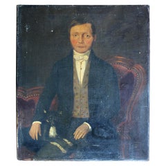 19th C 1847 French Oil on Canvas, Gent 
His Four Legged Companion Folk Art